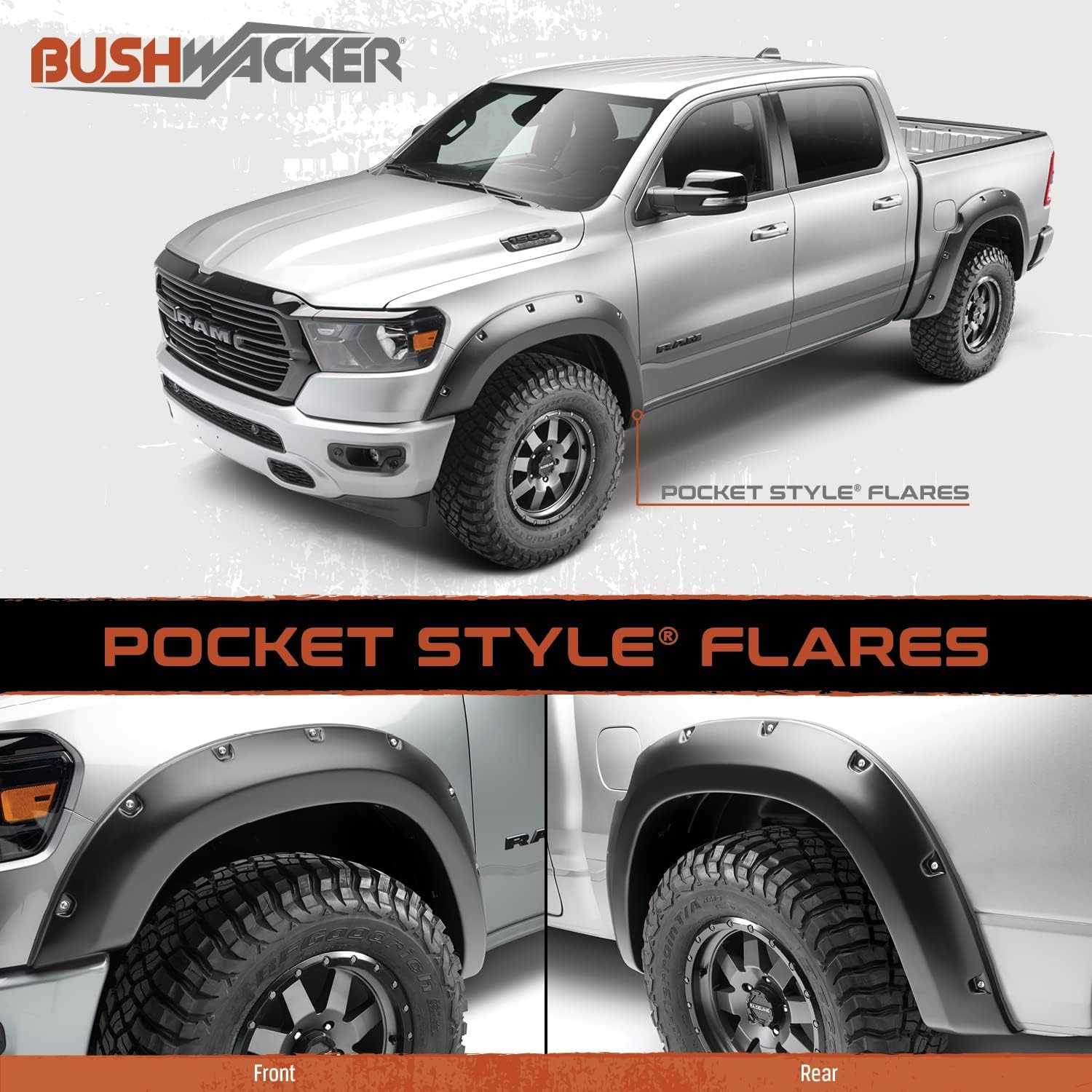 Bushwacker Guardabarros delantero y trasero estilo bolsilloremache  Juego de 4 piezas, negro, acabado liso  50936-02  Compatible con Dodge RAM 1500