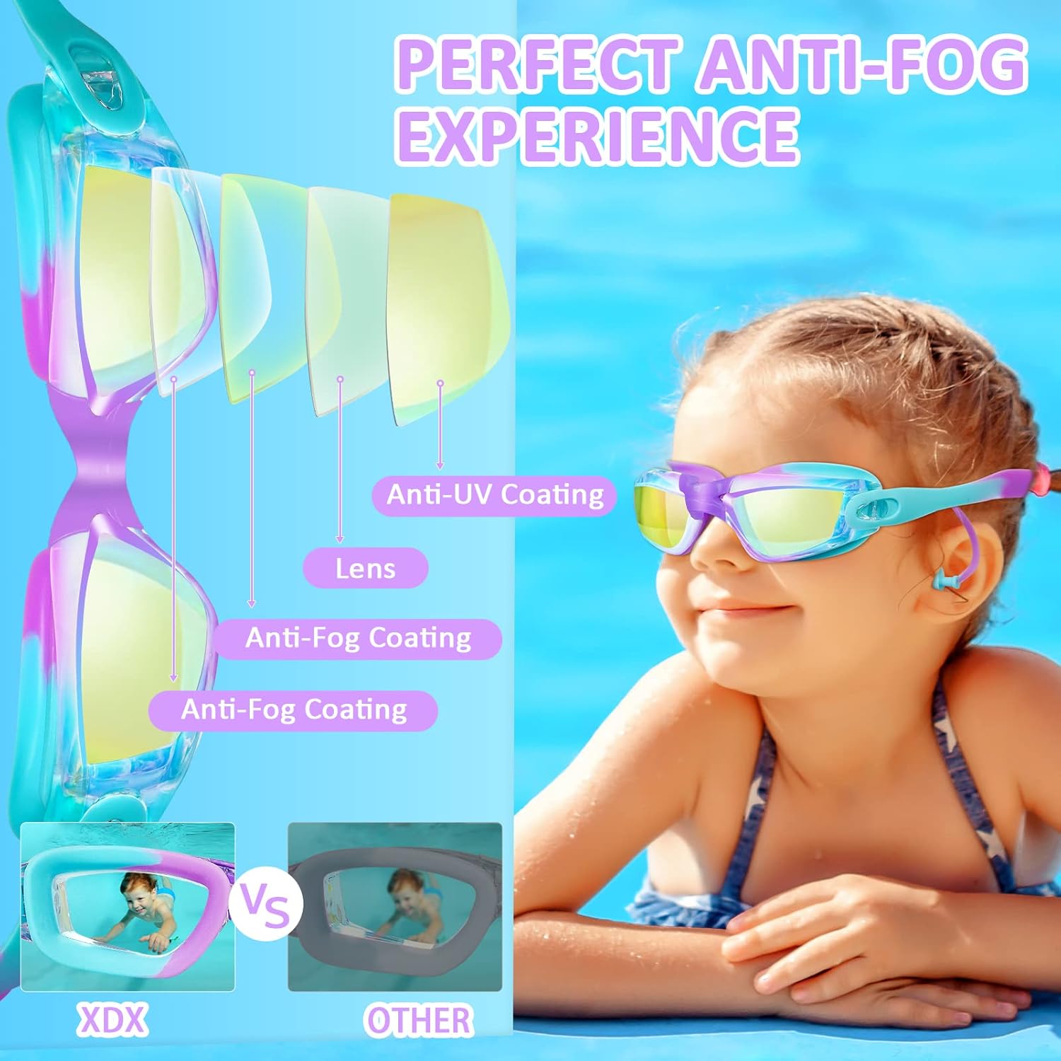 XDX Gafas de natación para niños, paquete de 2 gafas de natación para niños con protección UV, antiniebla sin fugas para niños, niñas, adolescentes