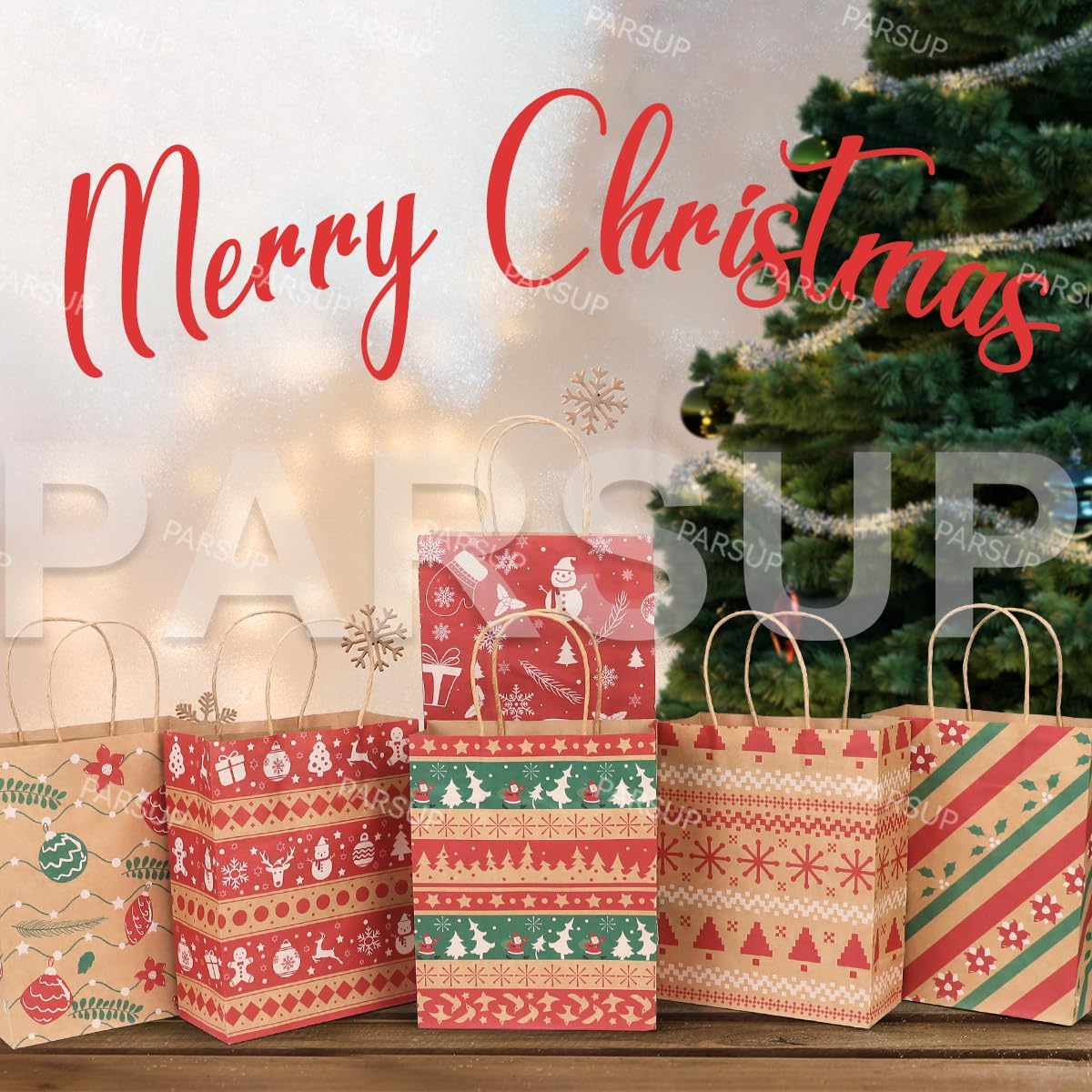 Bolsas de regalo de papel kraft de Navidad, 24 unidades de estilos surtidos, bolsas de papel pequeñas de Navidad con asas, bolsas de regalo de