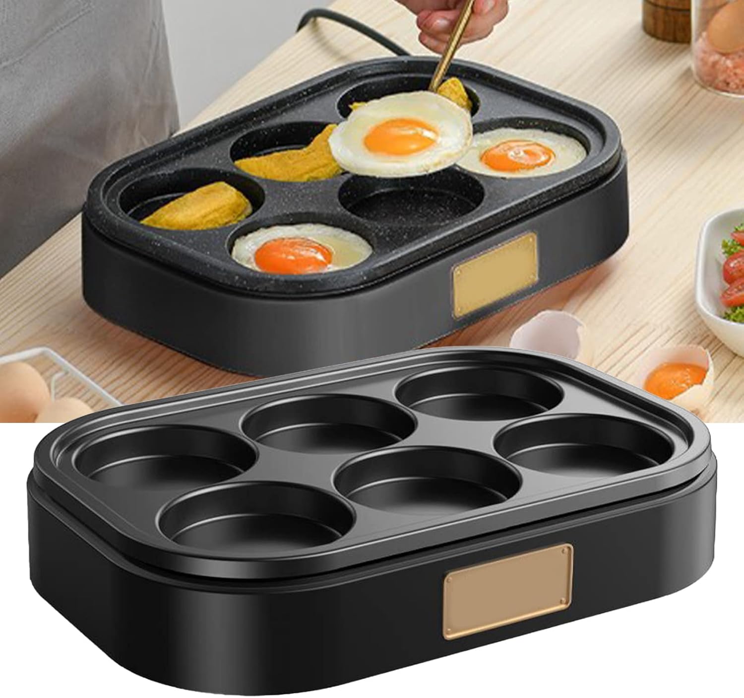 Mini sartén eléctrica para panqueques de 6 agujeros, sartén antiadherente de huevos, máquina para hornear antiadherente, desayuno multifuncional,