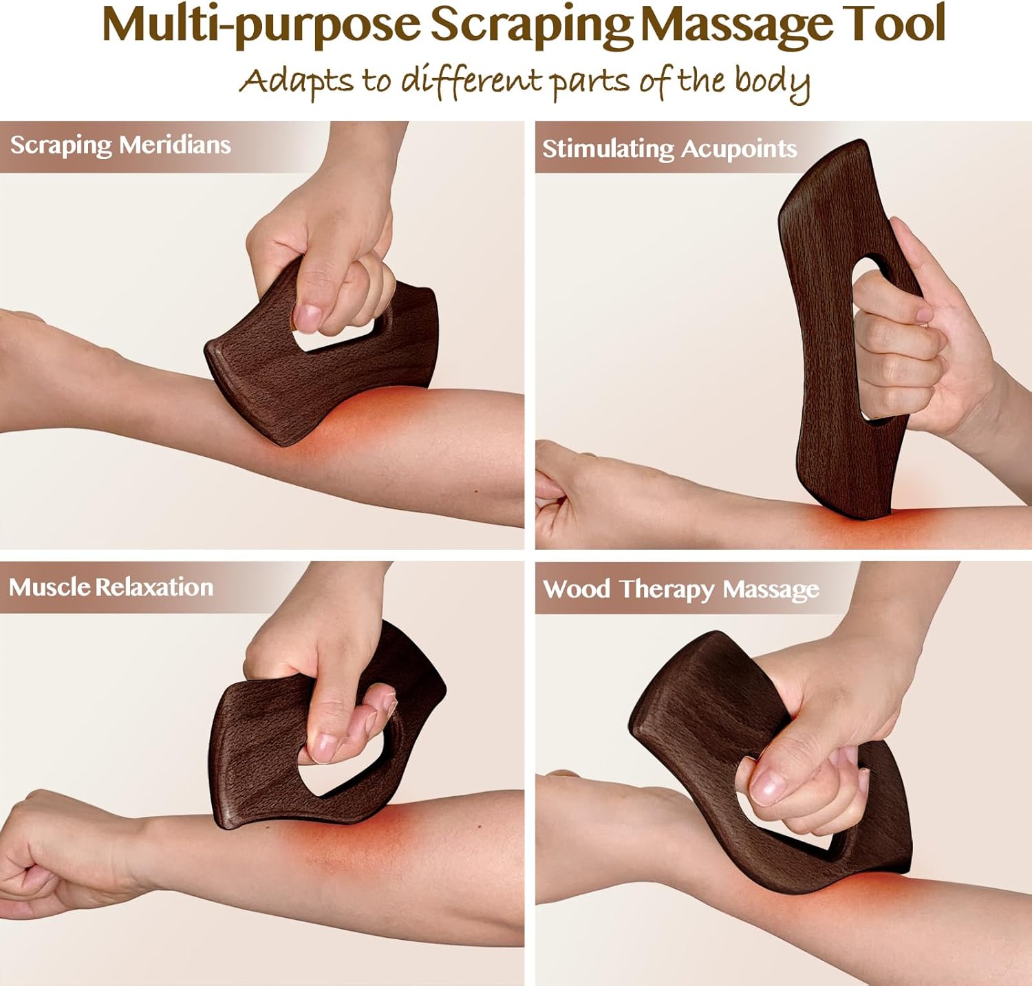 Juego de herramientas de masaje Gua Sha de madera con asa, masajeador de raspado Guasha con mango para cuello, espalda, cara, pierna, escultura