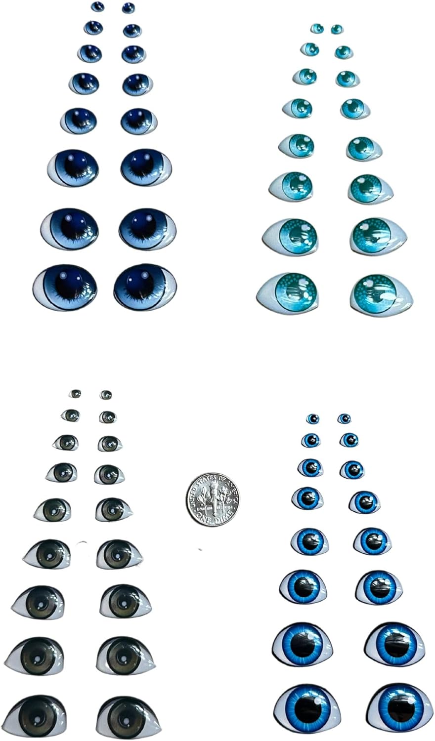 Ojos de resina 3D adhesivos o autoadhesivos para todo tipo de materiales, manualidades, decoración, 51 pares en azul, marrón, azul claro (tamaños en