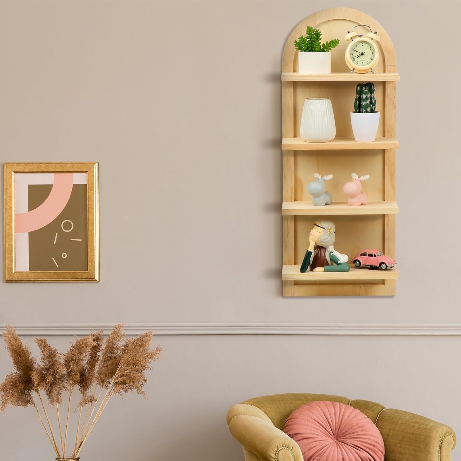 1 estante de pared de madera arqueada de 4 niveles, estantes de pared bohemios, estantería de madera curvada para pared, sala de estar, baño,