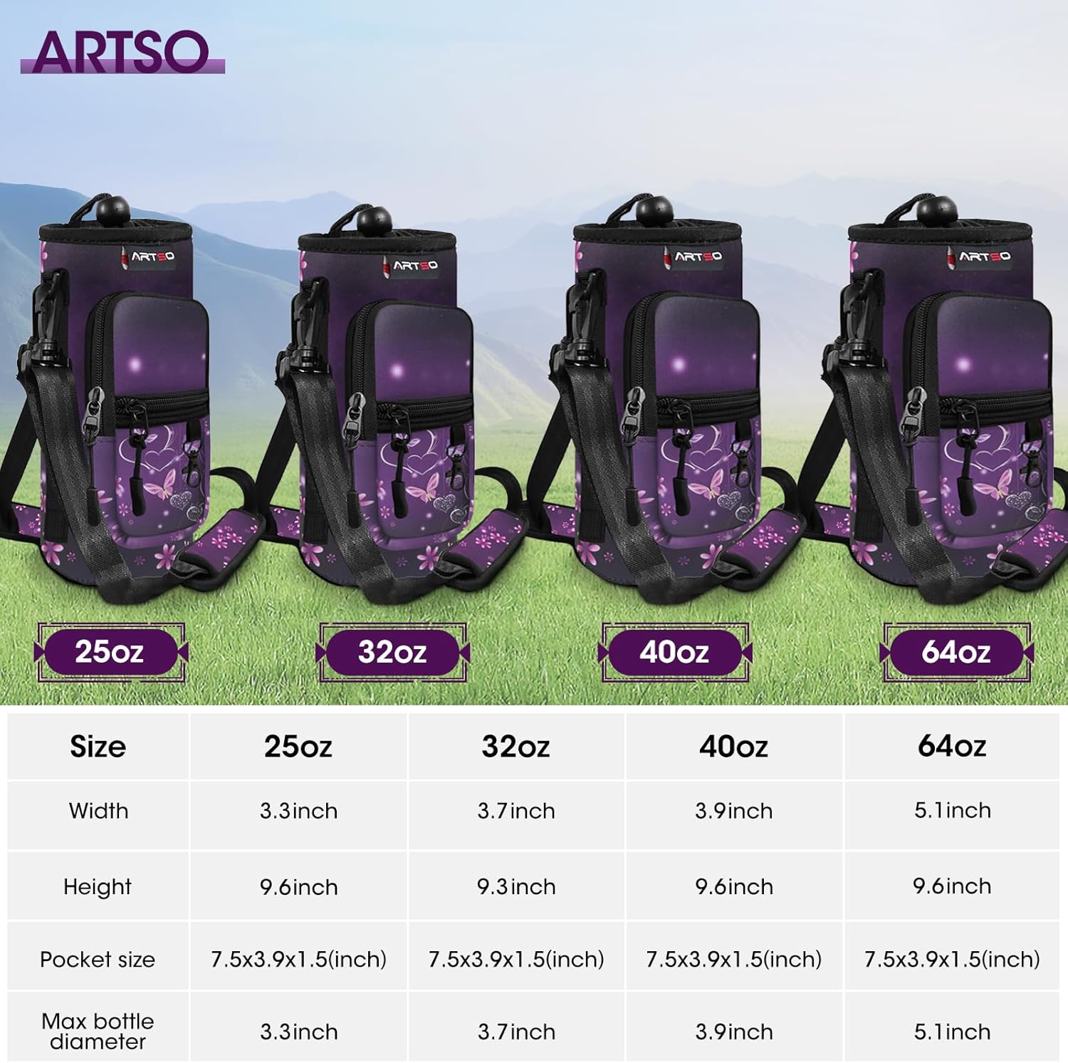 ARTSO Bolsa de transporte para botella de agua, 25 onzas, 32 onzas, 40 onzas, 64 onzas, funda aislada para botella de agua con bolsillo ajustable