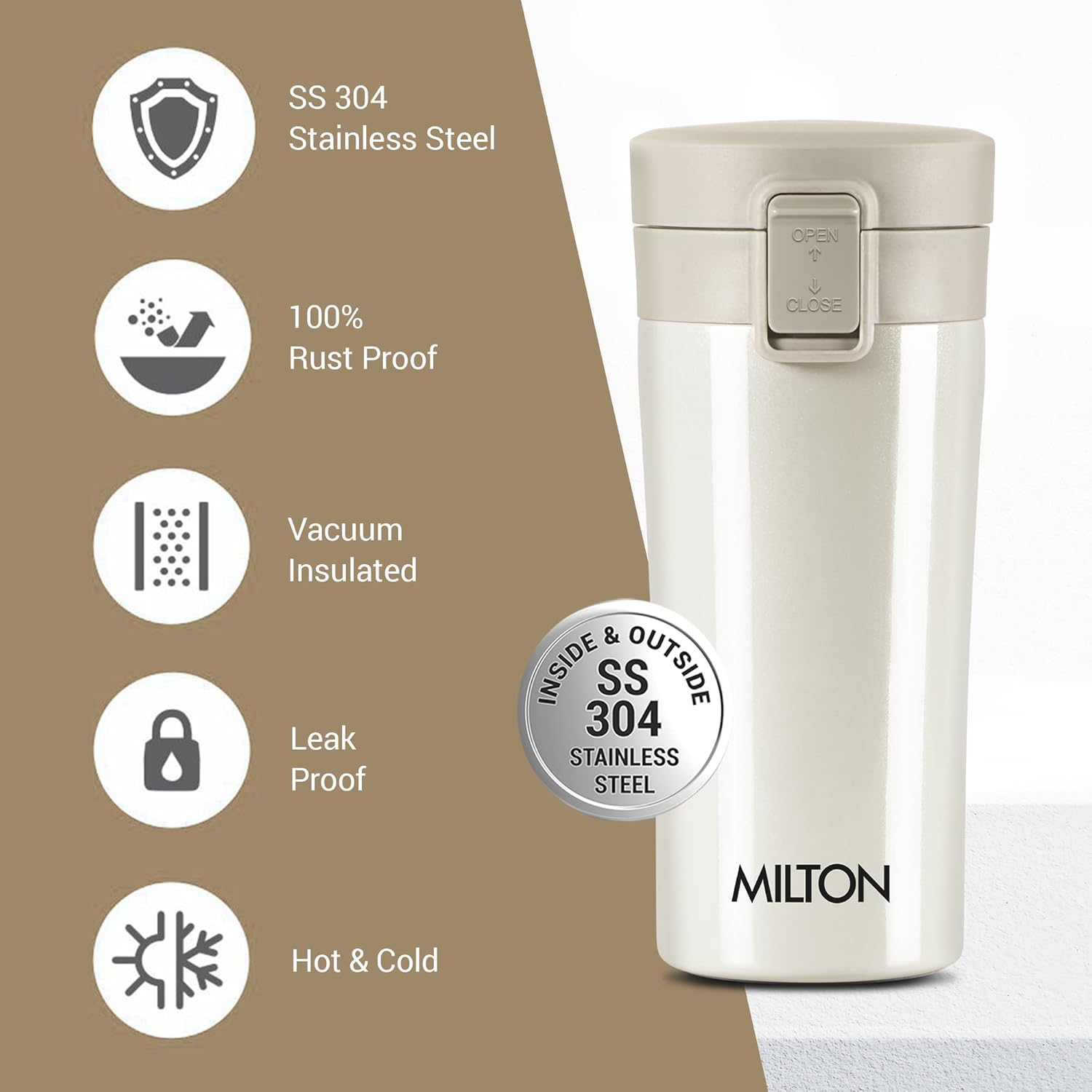 Milton Thermosteel – Taza de café aislada al vacío, 10.1 fl oz, crema, frasco para bebidas calientes y frías, a prueba de fugas, a prueba de óxido,