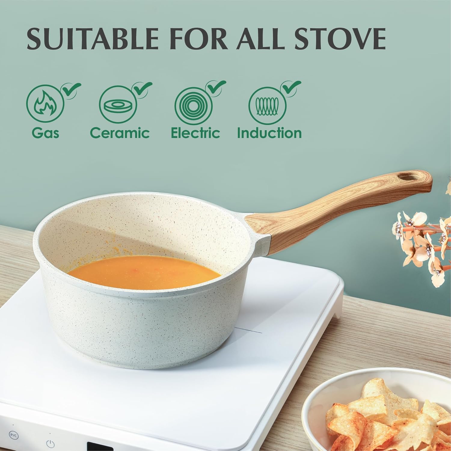 SENSARTE Cacerola antiadherente de cerámica blanca con tapa, juego de 2+2.5 cuartos de galón, olla mediana con mango Stay Cool, cacerola compatible