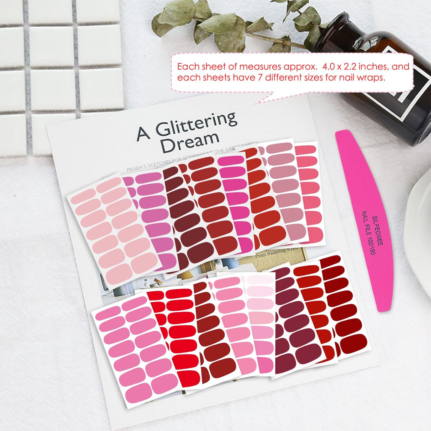 SILPECWEE 16 hojas de calcomanías de esmalte de uñas rosa y rojo, envolturas completas para mujeres, tiras de esmalte de uñas, tiras de uñas de gel,