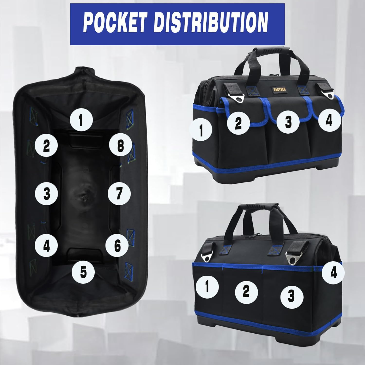 Bolsa de herramientas de 22 pulgadas, kit de herramientas de boca ancha impermeable, organizador de bolsa de herramientas resistente con correas