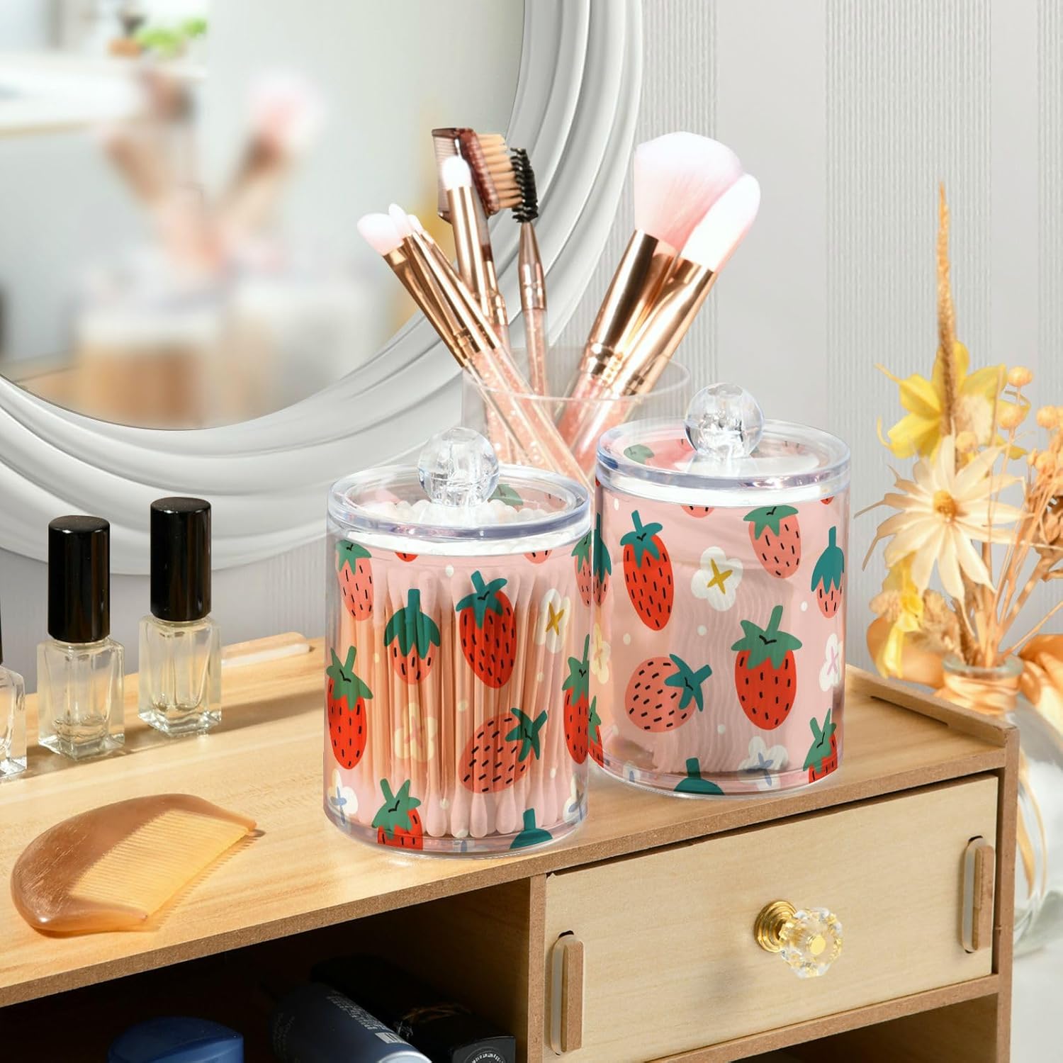 ZOEO Juego de 2 recipientes para baño, con diseño de bayas de verano, fresas, de plástico transparente, dispensador de tarros de almacenamiento de