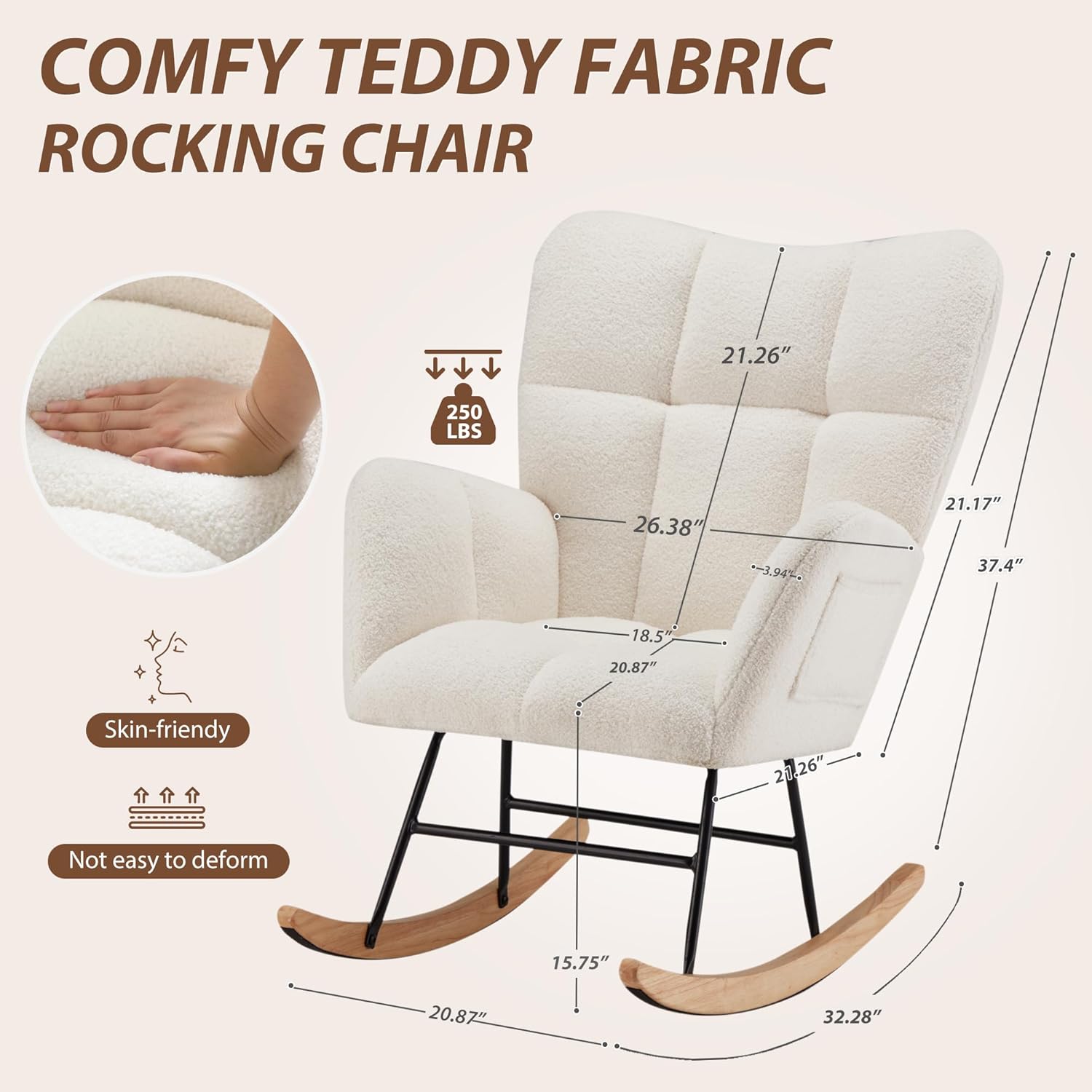 Mecedora para guardería, mecedora tapizada de peluche con respaldo alto, silla reclinable con bolsillo para dormitorio, sala de estar, oficina,