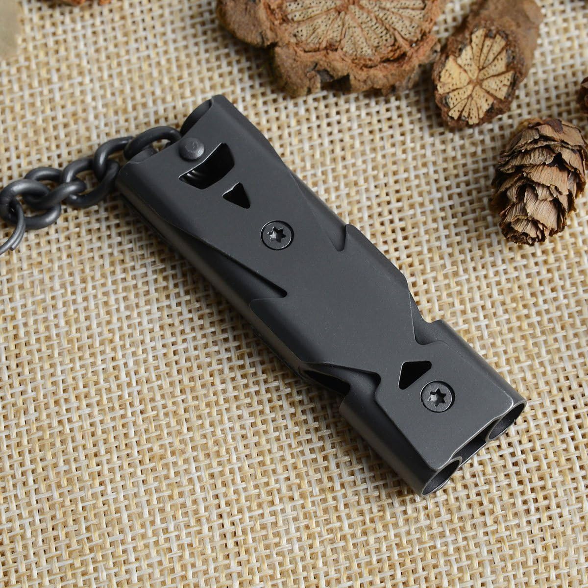 Silbato de emergencia, llavero silbato de violación, silbatos de alta decibelión de acero inoxidable (silbato de tubos dobles  pistola, 2 unidades)
