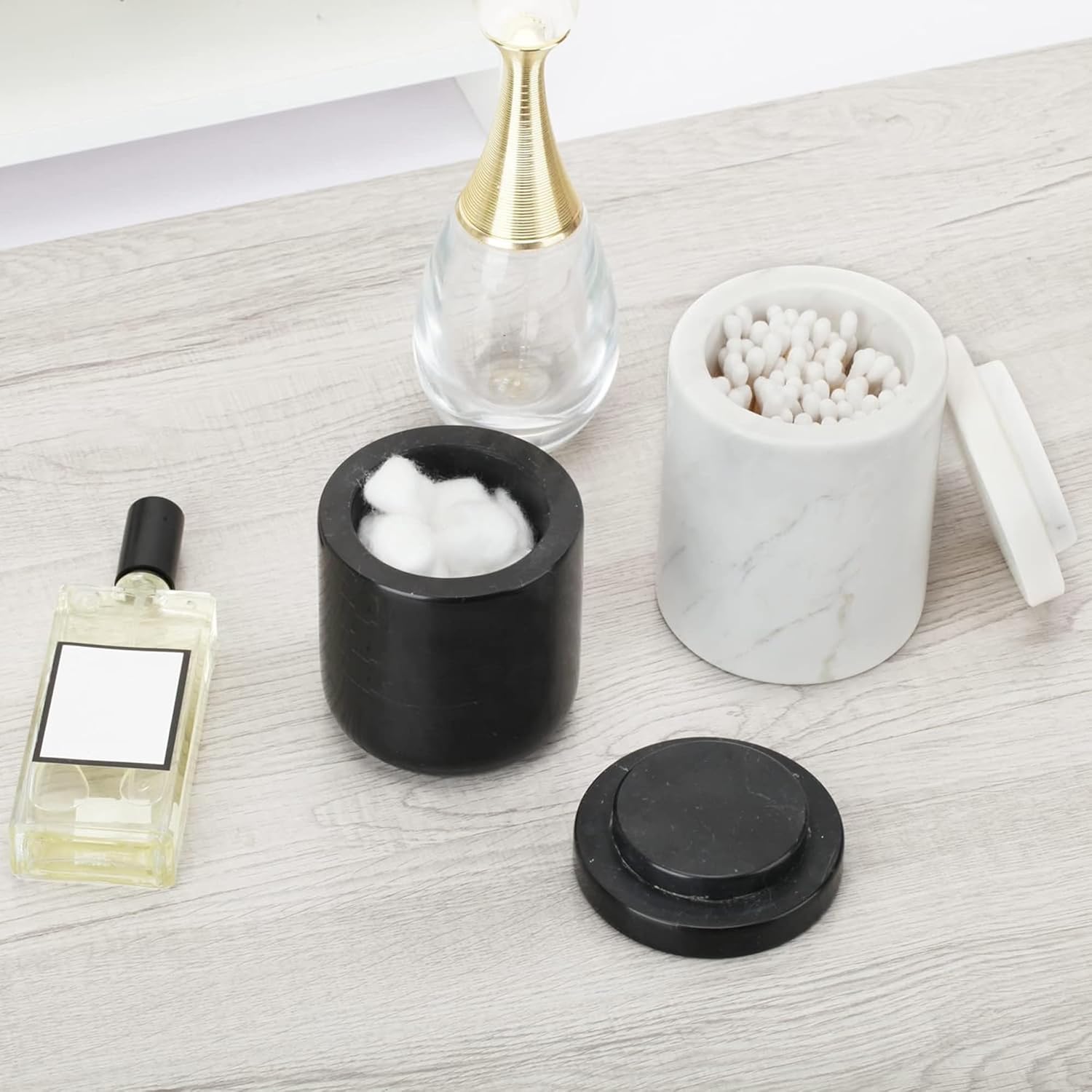 WORHE Contenedor de mármol con tapa, soporte natural para hisopos de algodón, bolas, almohadillas, púas de hilo dental, sales de baño, organizador
