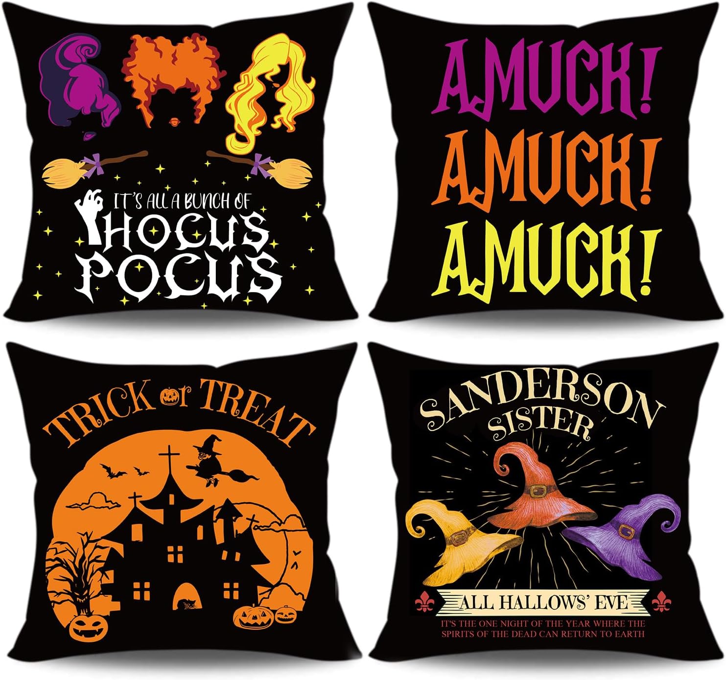 Fundas de almohada de Halloween de 18 x 18 pulgadas, juego de 4 fundas de almohada de Hocus Pocus, Amuck y castillo, color negro, Sanderson Sisters