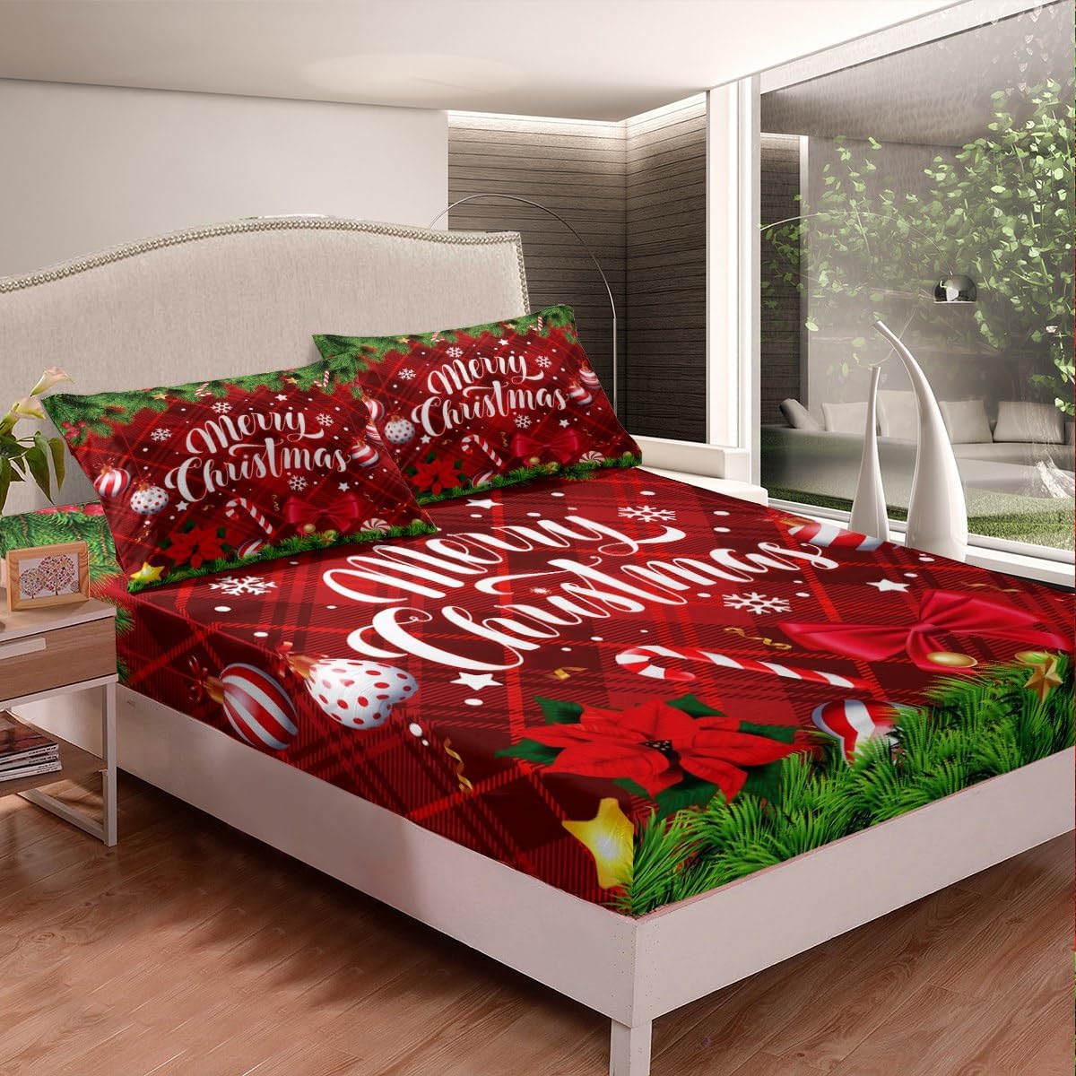 Erosebridal Juego de sábanas de 4 piezas con temática navideña de Feliz Navidad, sábana bajera ajustable de Navidad con estampado de rayas