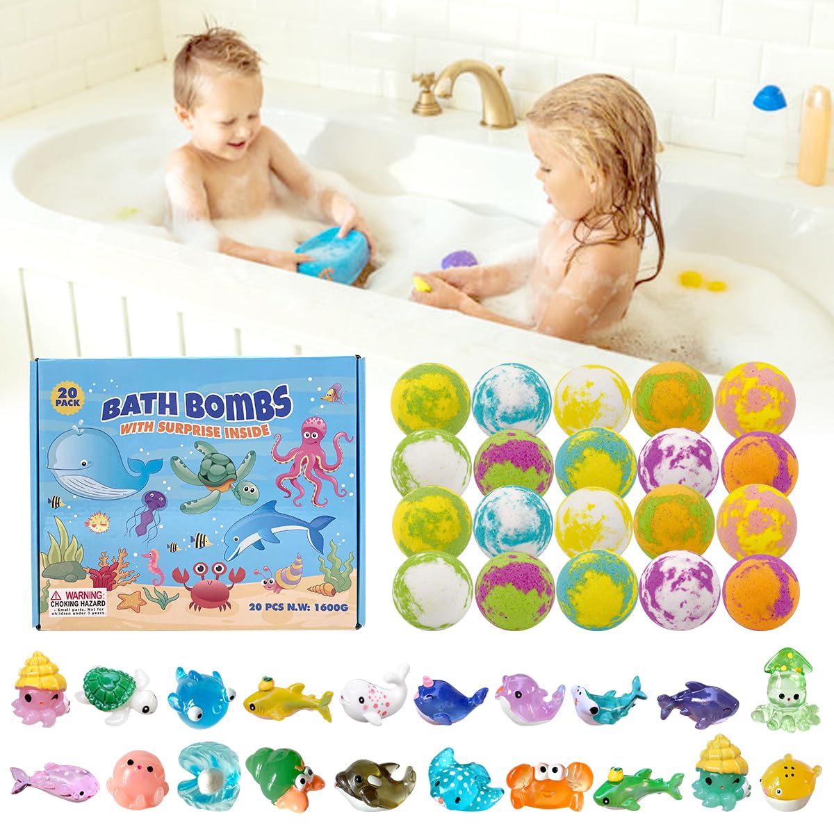 Bath Bombs for Kids with Surprise Inside, 20 Pack Kids Bath Bombs with Bath Toys, Natural Bath Bombs with Sea Animals Inside, 2023 Christmas Advent