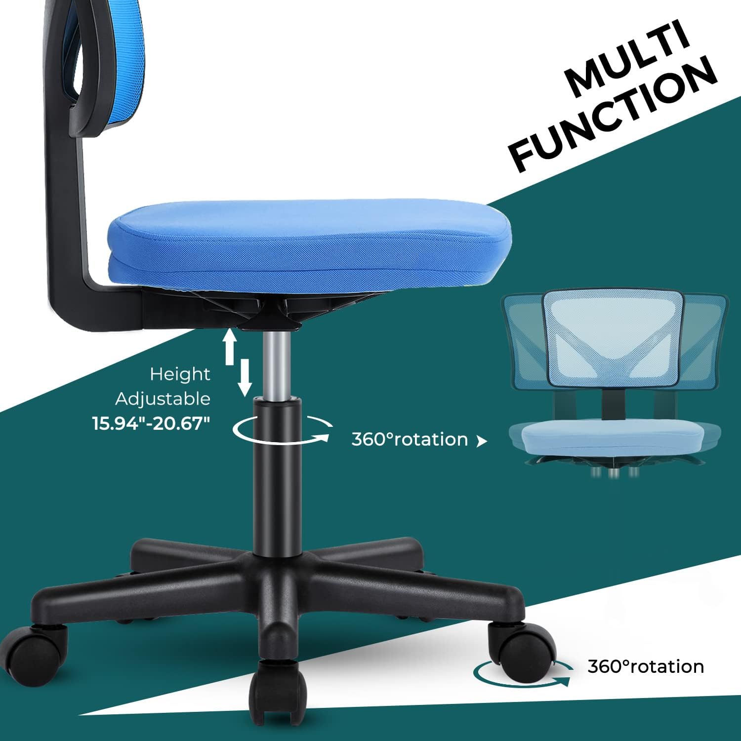 DUMOS Sillas de escritorio sin brazos con ruedas, bonita silla de oficina en casa, sin brazos, ergonómica ajustable giratoria, silla de trabajo con
