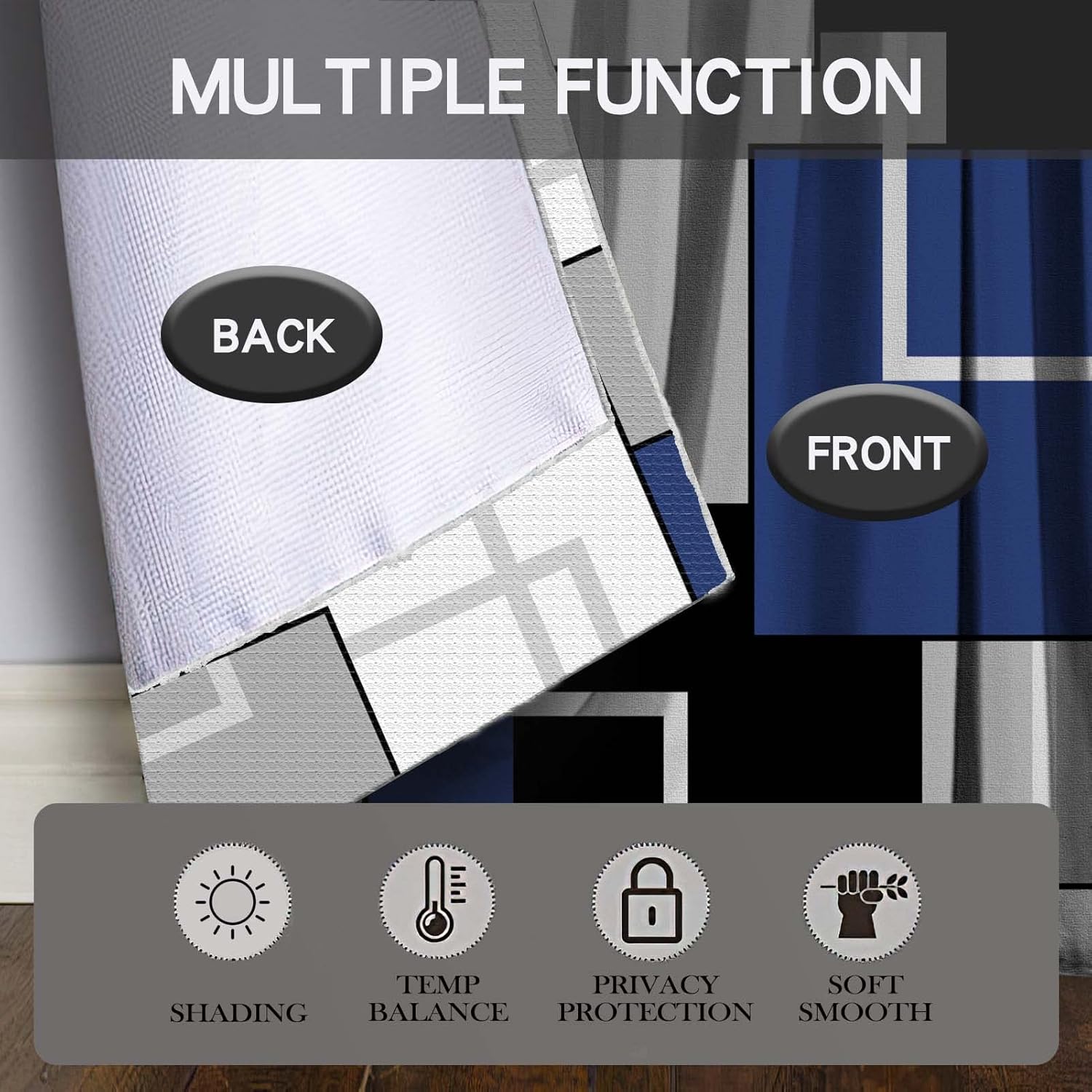MCALK Juego de cortinas de cocina azul marino, 3 piezas para ventanas, arte geométrico moderno, juego de cortinas de ventana de cocina, cenefas
