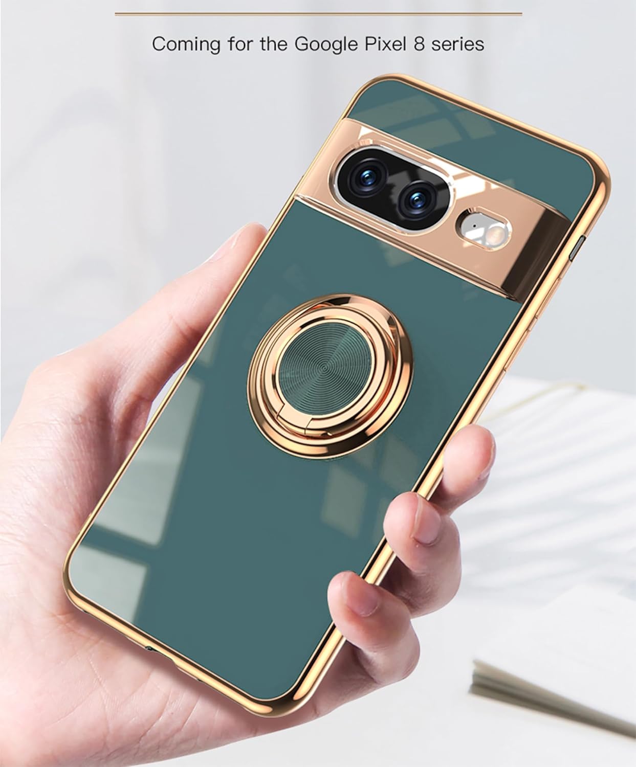Funda para Google Pixel 8  Slim Fit soporte giratorio de anillo lujoso color dorado metal cubierta de silicona suave TPU protección a prueba de