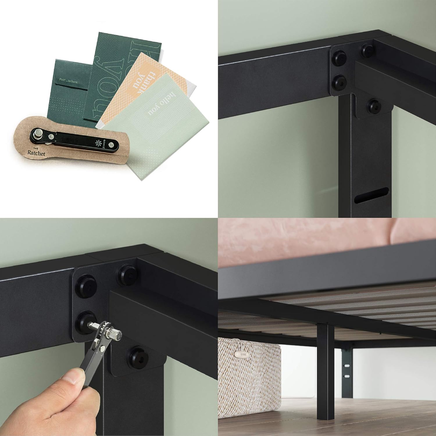 ZINUS Mia – Base de cama de plataforma de metal  Soporte de listones de madera  No necesita somier  Fácil de montar  Color negro, tamaño King