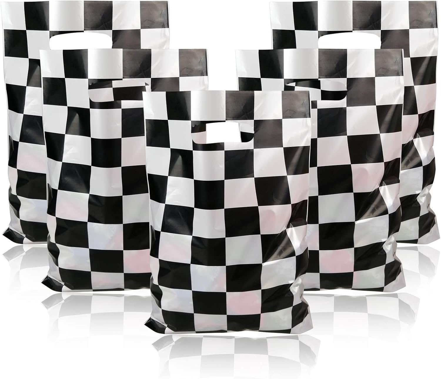 CODOHI Bolsa de regalos de fiesta de coche de carreras, 50 bolsas de dulces a cuadros en blanco y negro de plástico para carreras, bolsas de regalo
