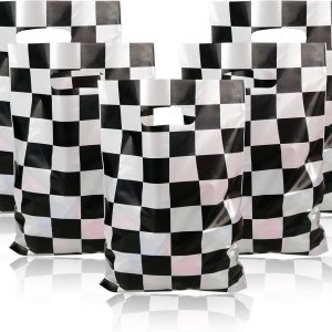 CODOHI Bolsa de regalos de fiesta de coche de carreras, 50 bolsas de dulces a cuadros en blanco y negro de plástico para carreras, bolsas de regalo CODOHI Bolsa de regalos de fiesta de coche de carreras, 50 bolsas de dulces a cuadros en blanco y negro de plástico para carreras, bolsas de regalo