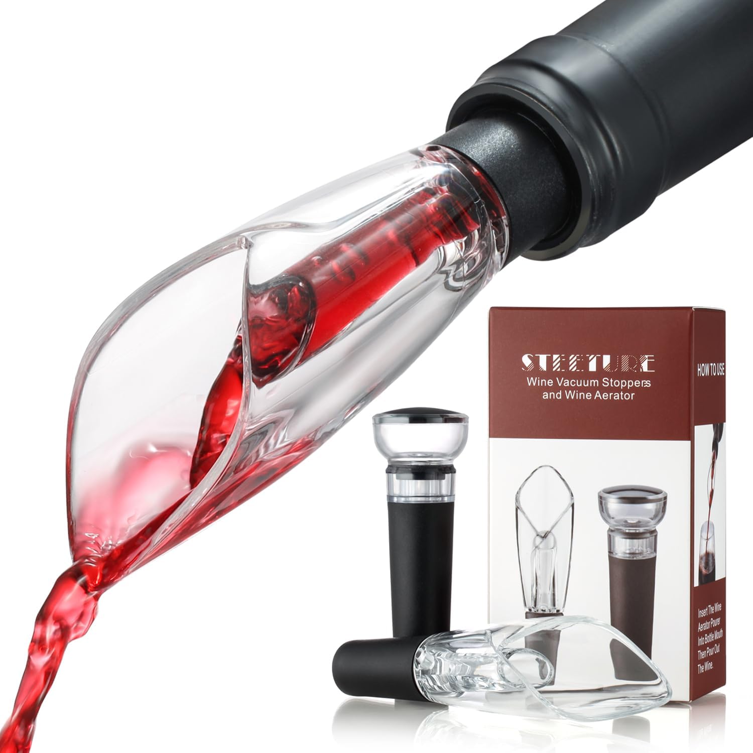 STEETURE Aireador de vino vertedor y tapón de vino bomba de vacío, decantador de vino con aireador sabor mejorado ramo de burbujas mejoradas,