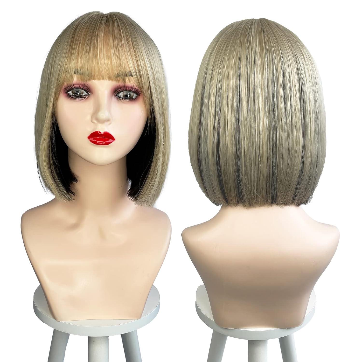 Lotfon Peluca Bob con flequillo para mujeres americanas, pelucas de pelo corto ondulado para mujer (mezcla de rubio negro)