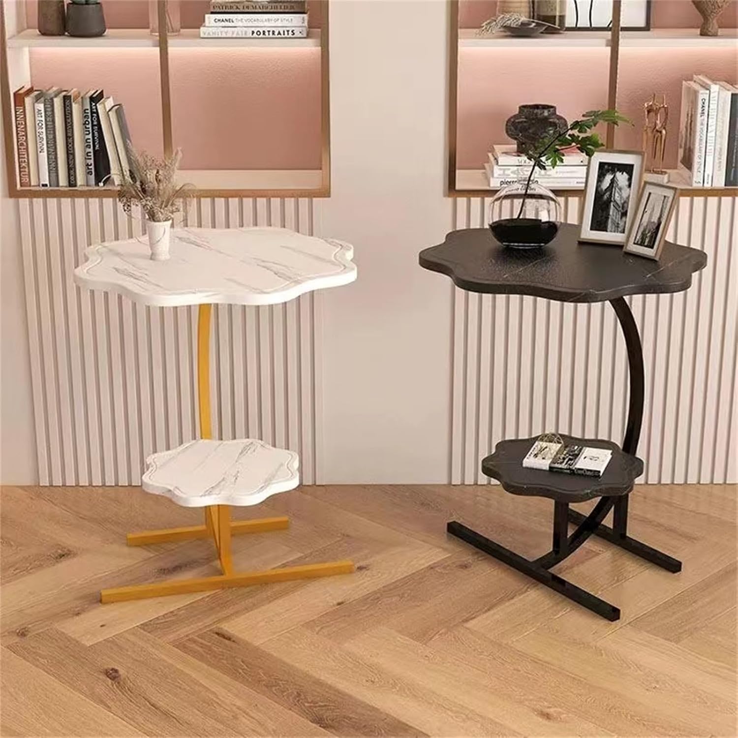 LITAITAI Mesa auxiliar pequeña en forma de C con textura de mármol en forma de flor de 2 capas, mesa auxiliar para sofá, mesita de noche para sala