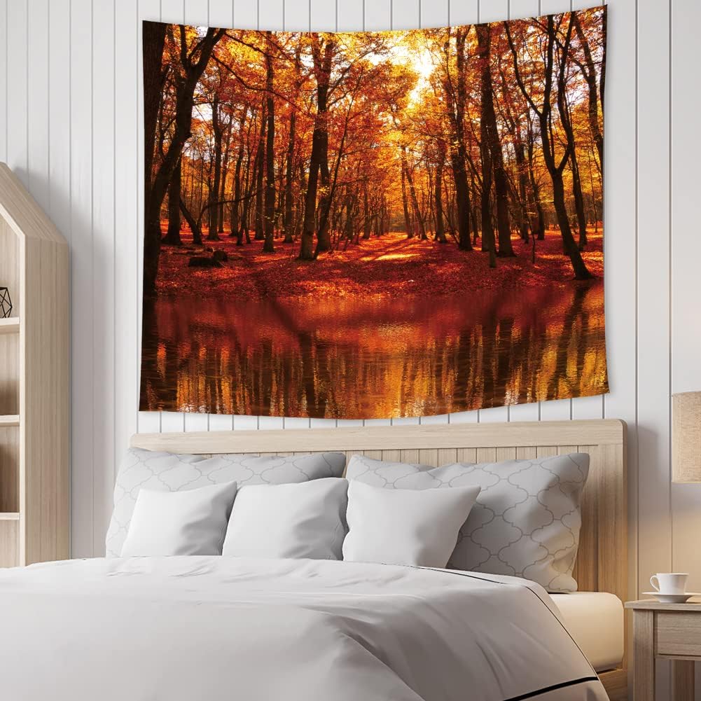 LGhtyro Tapiz de tela otoñal para colgar en la pared, 59 pulgadas de ancho x 51 pulgadas de alto, tapiz de pared con árboles amarillos de otoño,