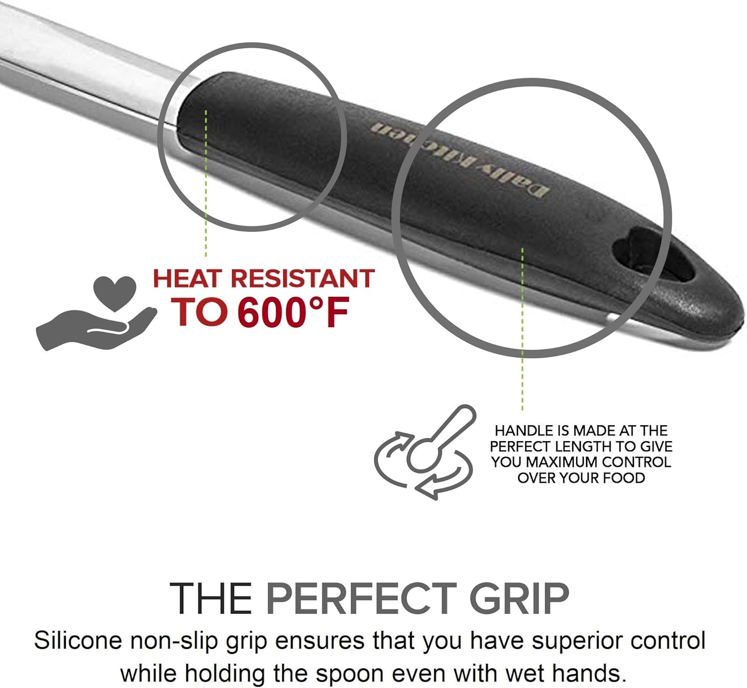 Juego de cucharas y espátulas de silicona resistente al calor y acero inoxidable – Cucharas y volteador sólido con agarre de goma – Espátulas y