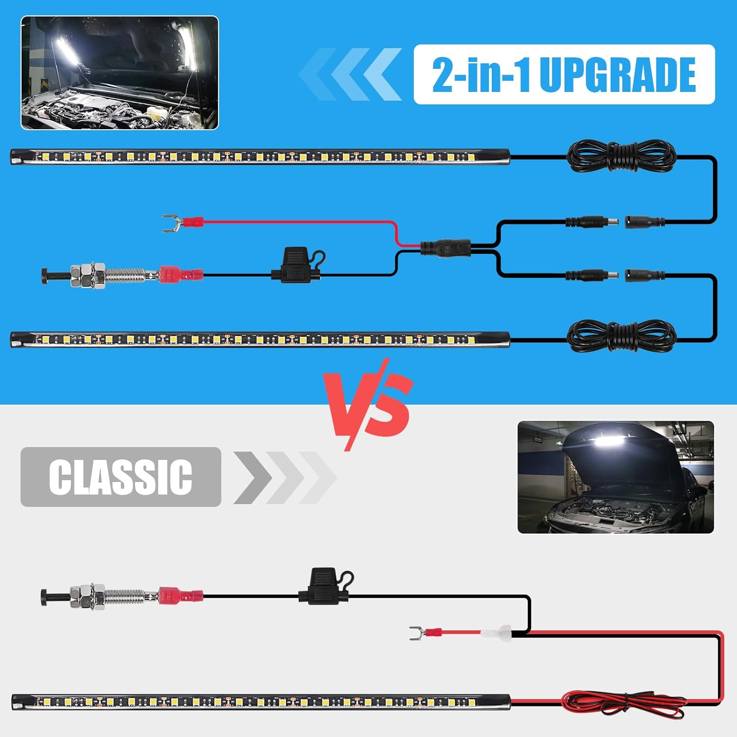 GreceYou Kit de luz LED 2 en 1 debajo del capó, barra de luz LED impermeable de 12 V para automóvil, luces de trabajo bajo el capó con