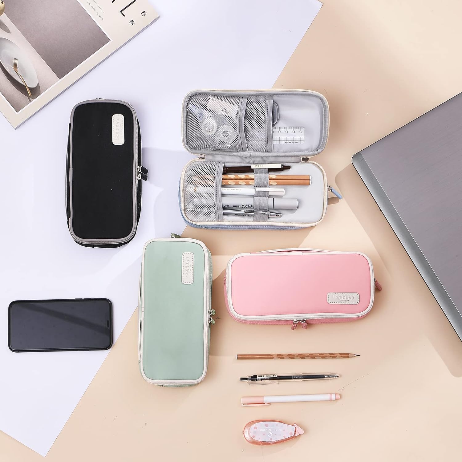 Estuche organizador pequeño con cremallera, estuche estético para lápices de luz, bolsa de lápices azul para hombres y mujeres
