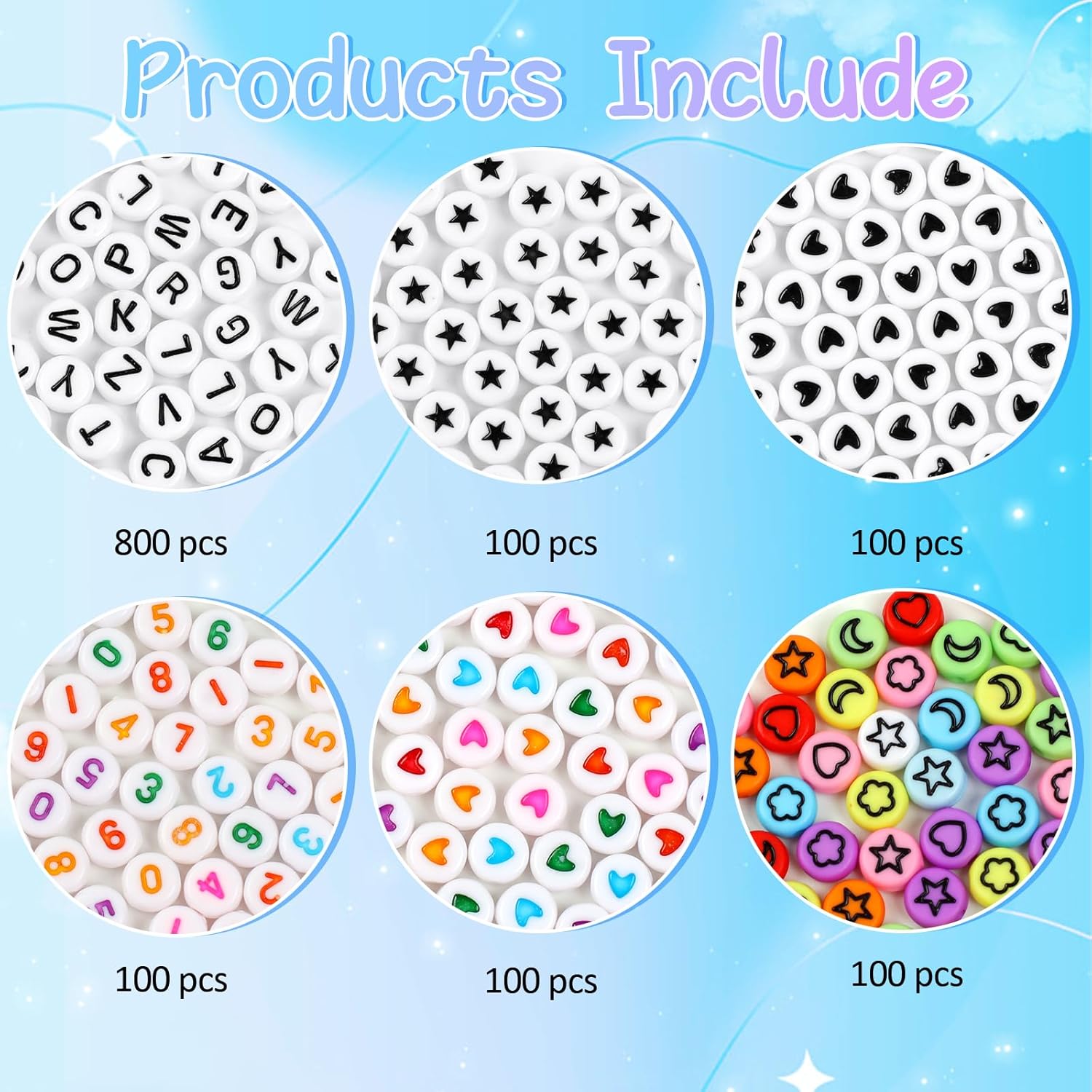 1300 cuentas de letras, cuentas de pulsera acrílicas, cuentas de letras oblatas para pulseras, números coloridos, estrellas, luna, amor, alfabeto,