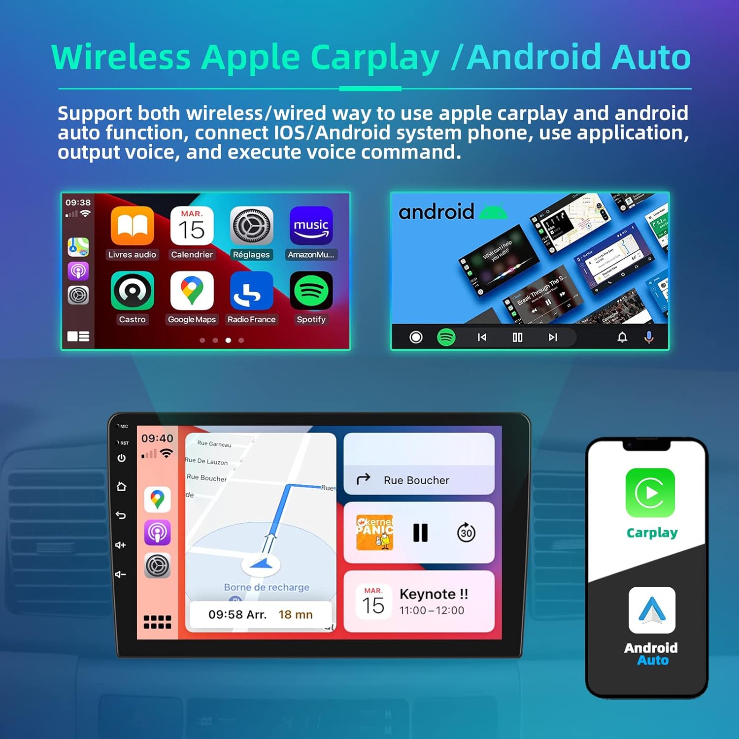Podofo 2G+64G Doble Din Android 13 Estéreo de coche con Carplay inalámbrico Android Auto 9 “Pantalla táctil Radio de coche con WiFi Bluetooth