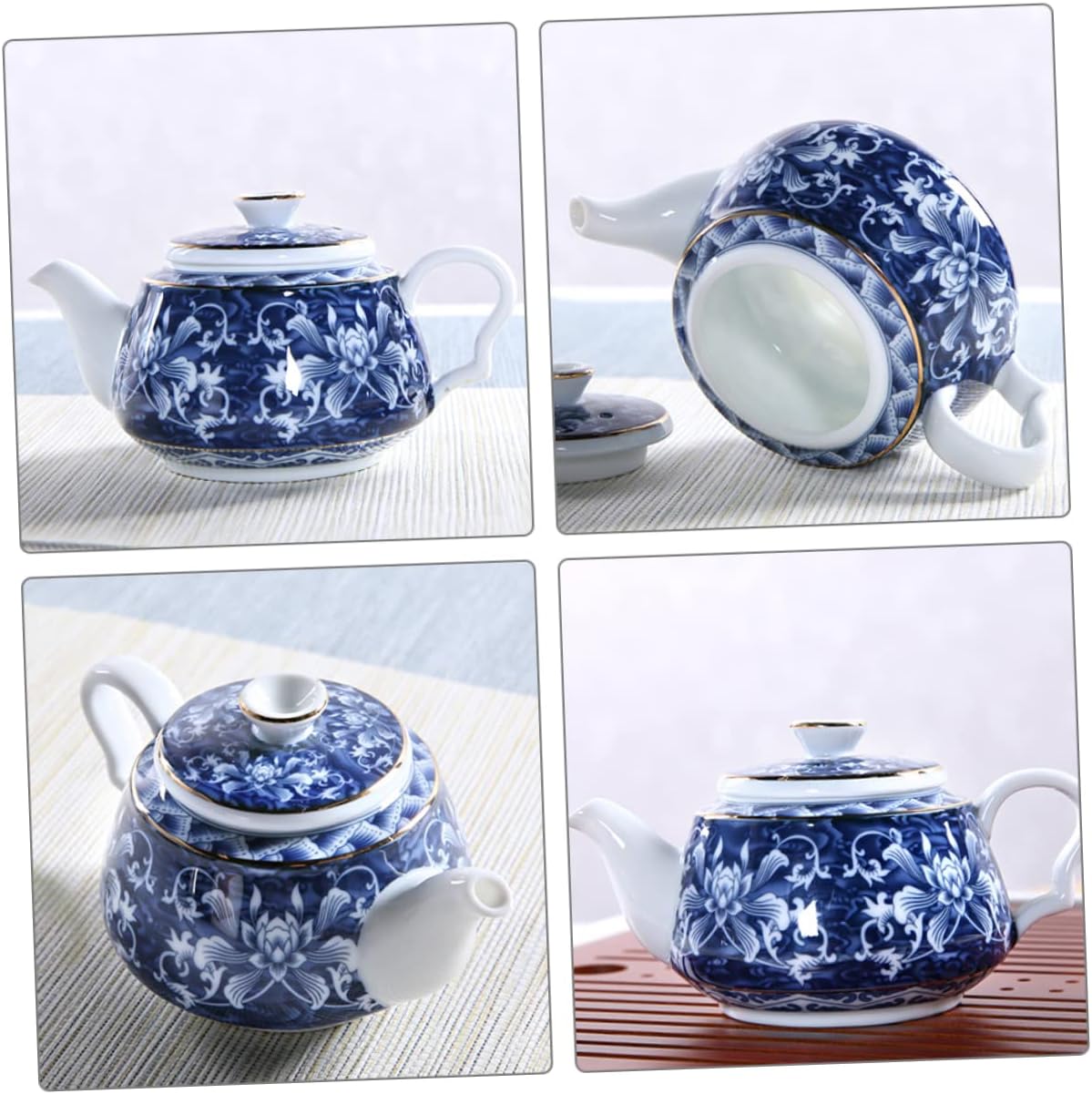 Uonlytech Tetera de porcelana azul y blanca, tetera de cerámica, tetera de viaje, tetera retro, tetera portátil de cerámica con asa, tetera pequeña