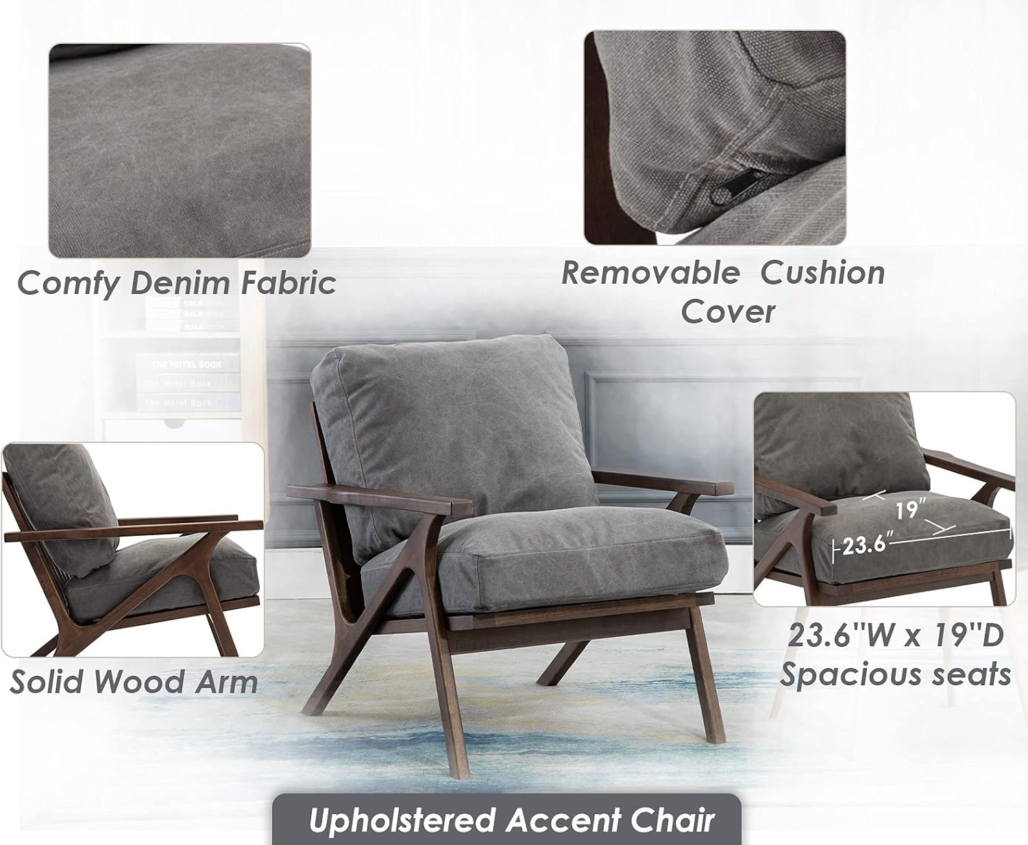 CIMOTA Silla decorativa moderna, cómoda silla tapizada de tela con reposabrazos de mediados de siglo con cojín acolchado extraíble y marco de madera