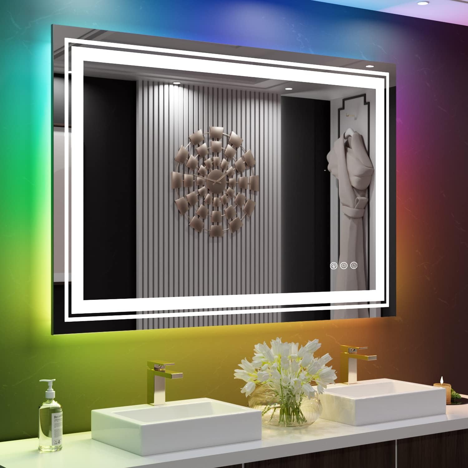 Snowdool Espejo de baño LED de 48 x 32 pulgadas con luces, espejo antivaho con retroiluminación RGB, espejo de tocador de baño con luz inteligente