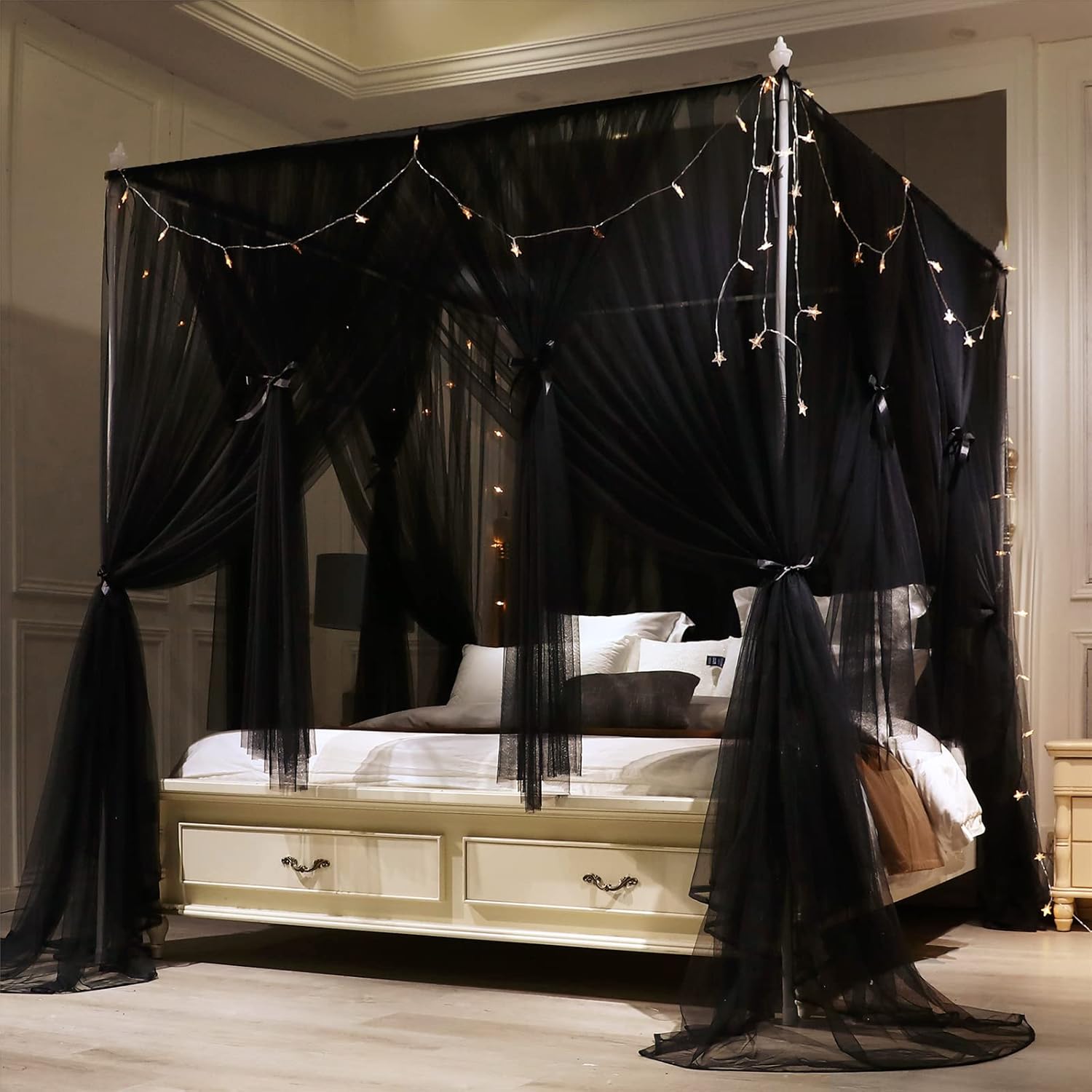 VETHIN 4 Corners Post Princess Bed Canopy Curtain Double Layer Cozy Drape Netting 4 Opening Mosquito Net for Girls & Adults Bedroom Decoration
