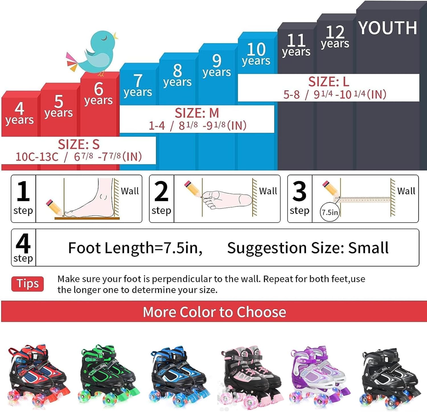 Nattork – Patines de ruedas para niños y niñas, 4 tamaños, patines ajustables con ruedas iluminadas, divertidos patines para niños pequeños,