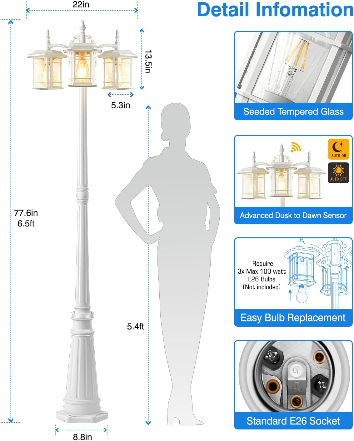 VIANIS Lámpara inteligente con sensor de atardecer a amanecer, 1 paquete de lámpara de camino de aluminio blanco con enchufe E26, 3 x 100 W máx