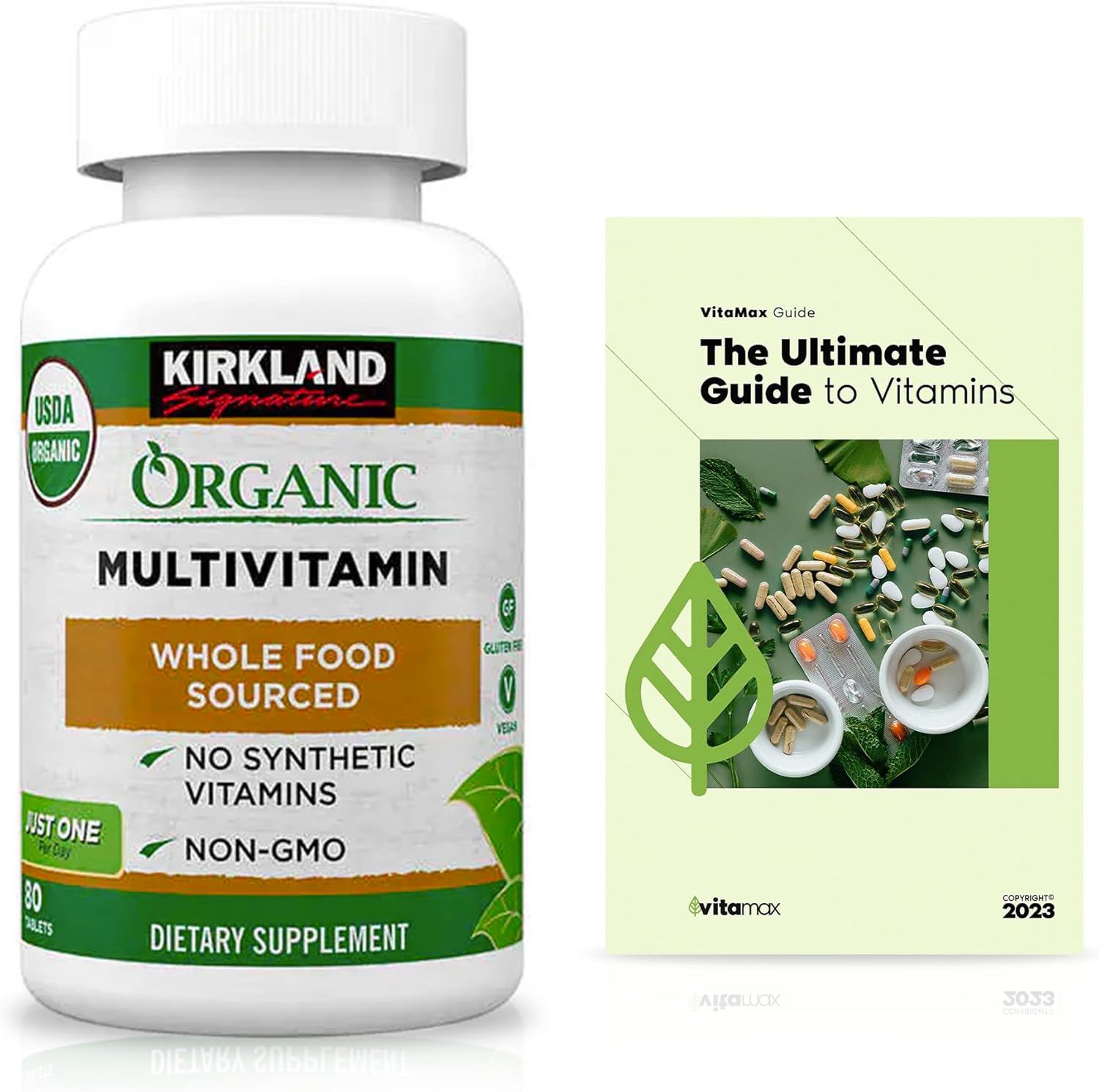 Kirkland Signature Organic Multivitamin – 80 tabletas recubiertas + guía exclusiva de vitaminas VitaMax (2 artículos)