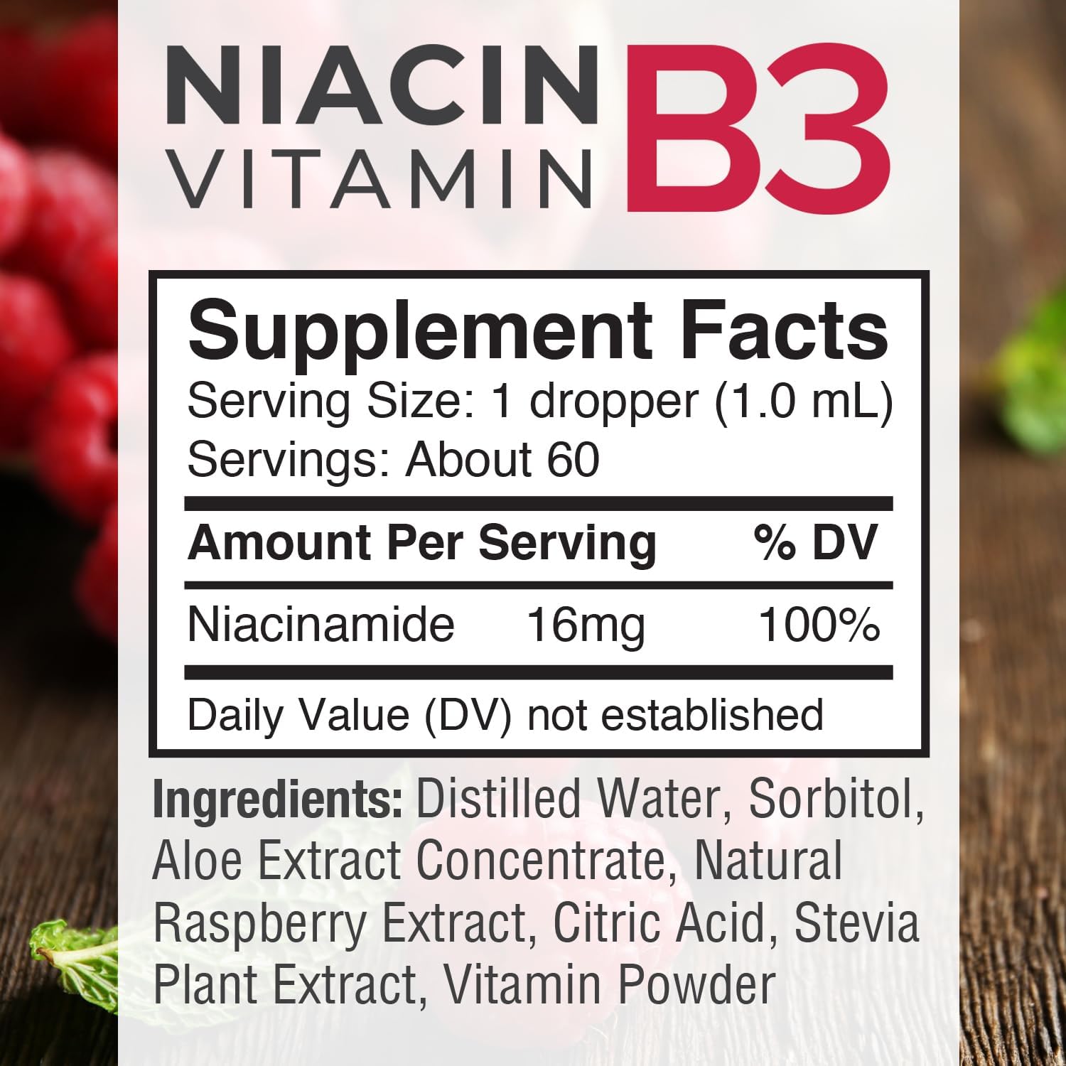Sapir Naturals Gotas líquidas de vitamina B3 de 2 onzas, suplemento de niacina B3, sabor a frambuesa, fabricado en Estados Unidos