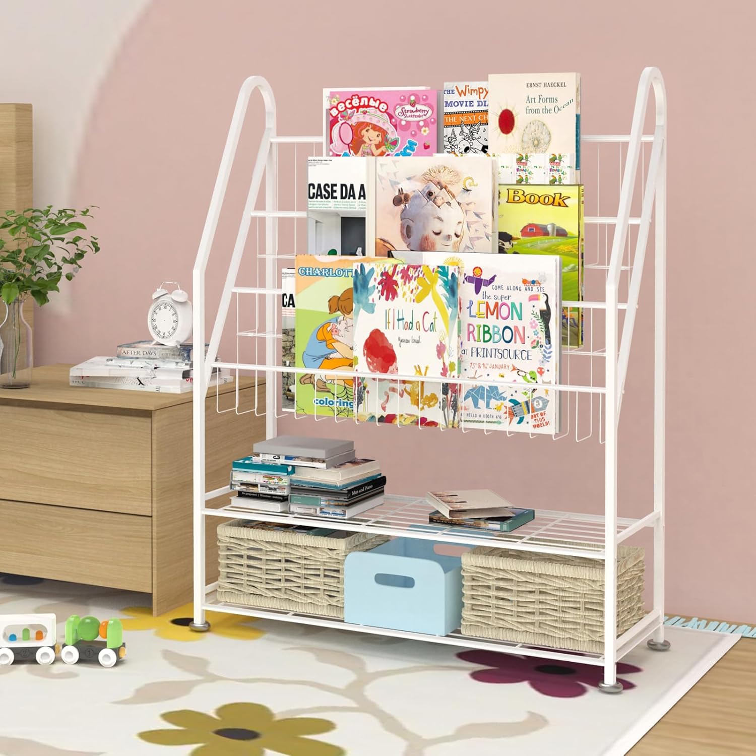 Estantería para niños independiente para habitación de los niños, estantería de metal blanco de 32 pulgadas, organizador de juguetes de gran