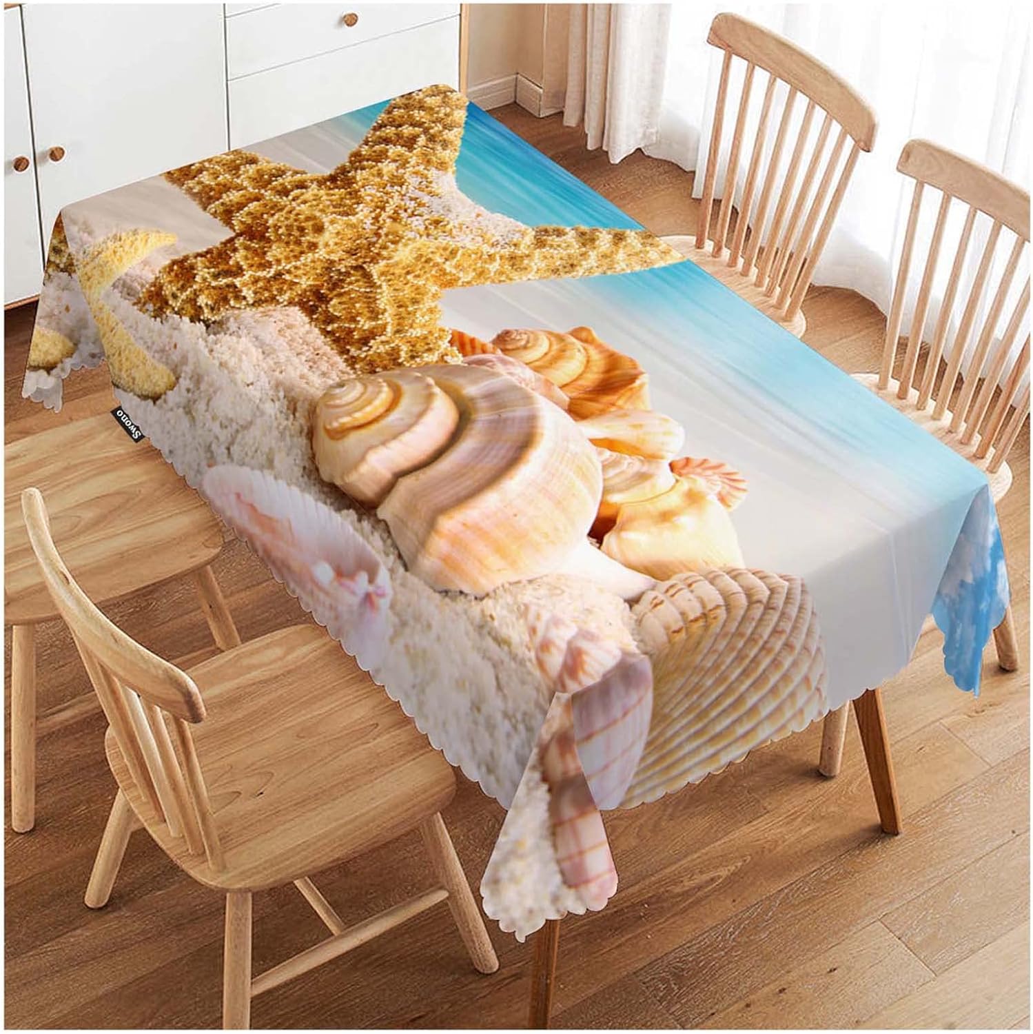 Swono Seashell – Mantel oblongo, de 52 x 70 pulgadas, diseño de océano tropical, estrellas de mar y conchas marinas, sin arrugas, mantel de granja