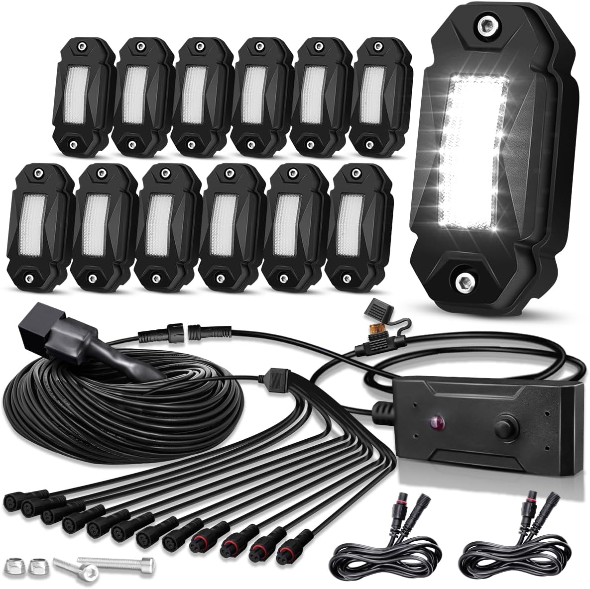 Kit de luces de roca blanca pura con interruptor de arnés de cable, 12 luces LED de roca blancas para Jeep, todoterreno, camiones, ATV, UTV, SUV,