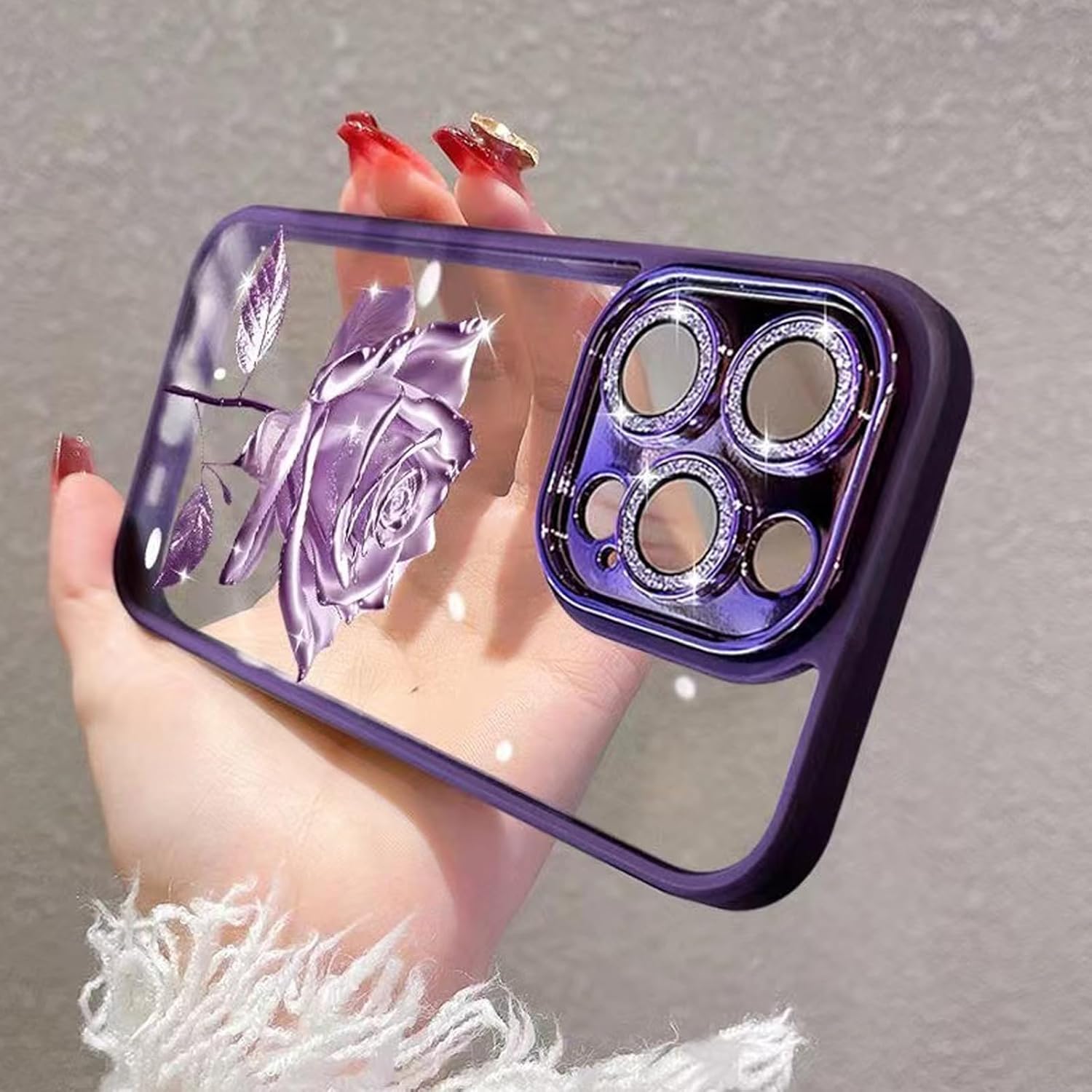 Changjia Funda transparente para iPhone 15 Pro Max, diseño floral con purpurina brillante y protector de lente de cámara, TPU a prueba de golpes,