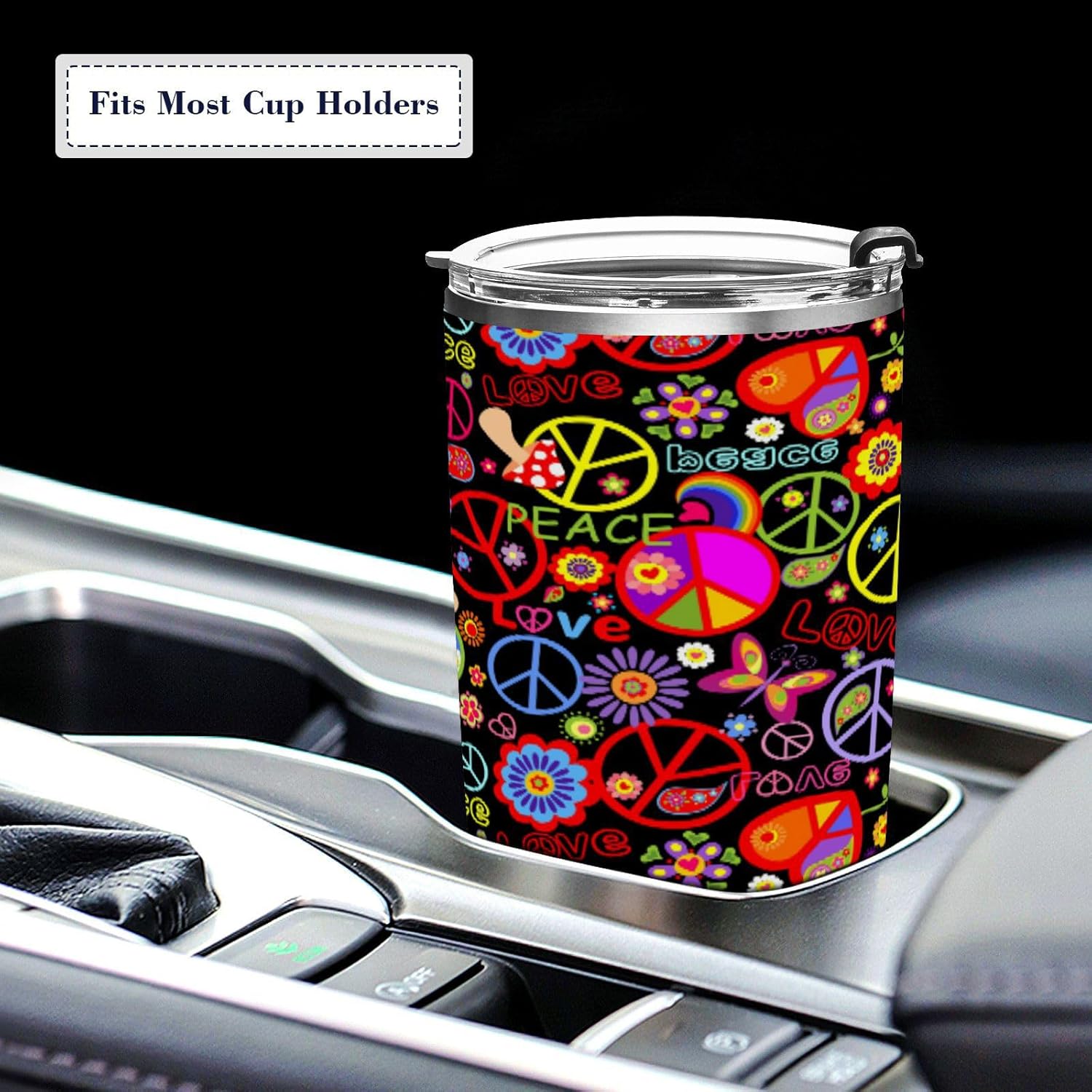 Taza aislada de acero inoxidable con diseño de arcoíris y texto en inglés “Peace Love” de 20 onzas, a prueba de fugas, reutilizable, con tapa y