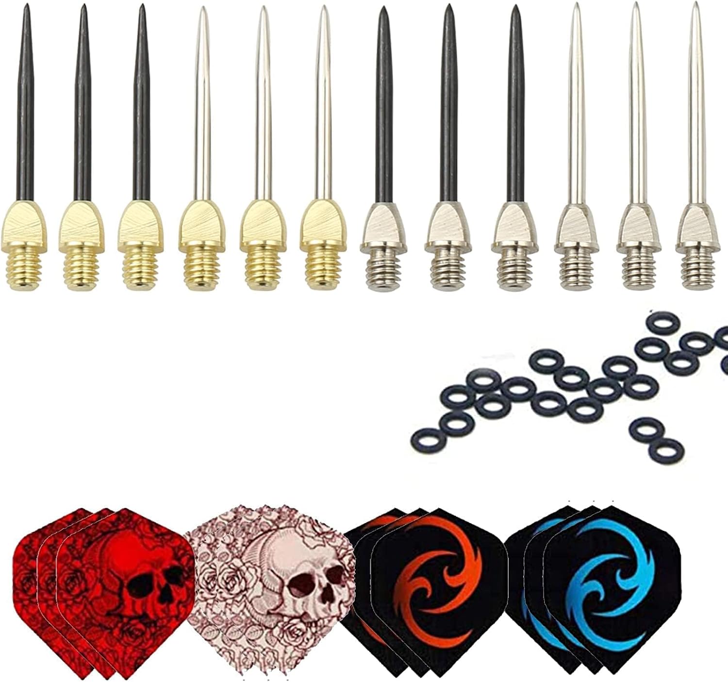 4 puntas de dardos de acero de estilo, 12 piezas, 12 vuelos de dardos y 20 arandelas de anillos de dardo  Puntas de acero de repuesto de 2ba para