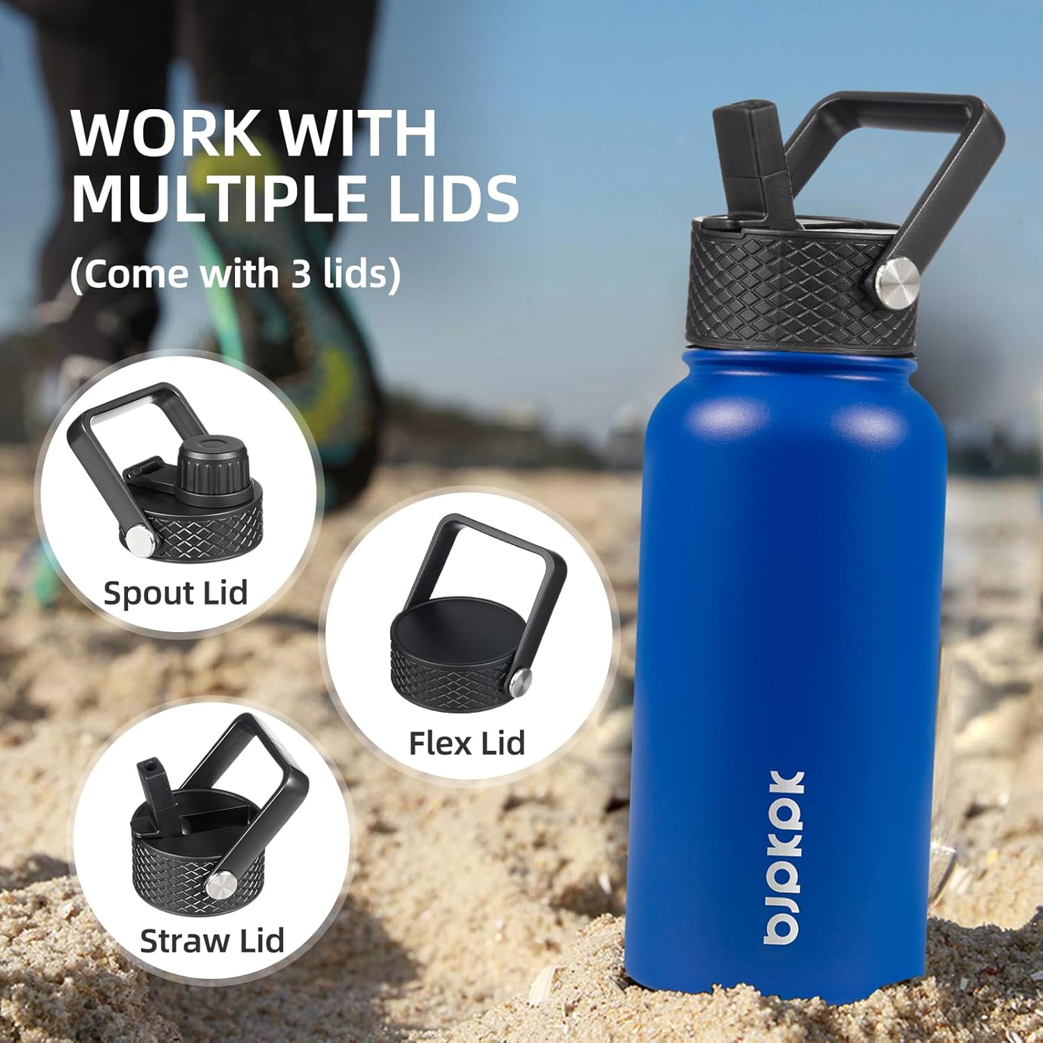 BJPKPK Botellas de agua con aislamiento y tapa con popote, grande (40 fl oz), de acero inoxidable, con 3 tapas, reutilizable, mantiene agua fría o