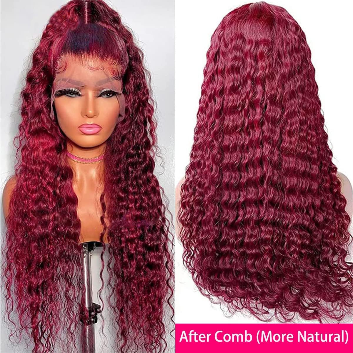 Pelucas de cabello humano con encaje frontal color burdeos 99J 13×4 HD con ondas profundas, pelucas de cabello humano prearrancado color rojo vino,